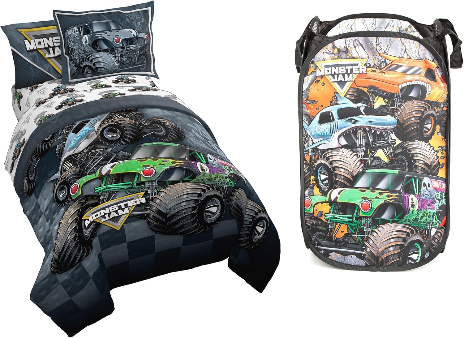 Jay Franco Monster Jam Slah – Juego de cama individual y cesta desplegable Break Out