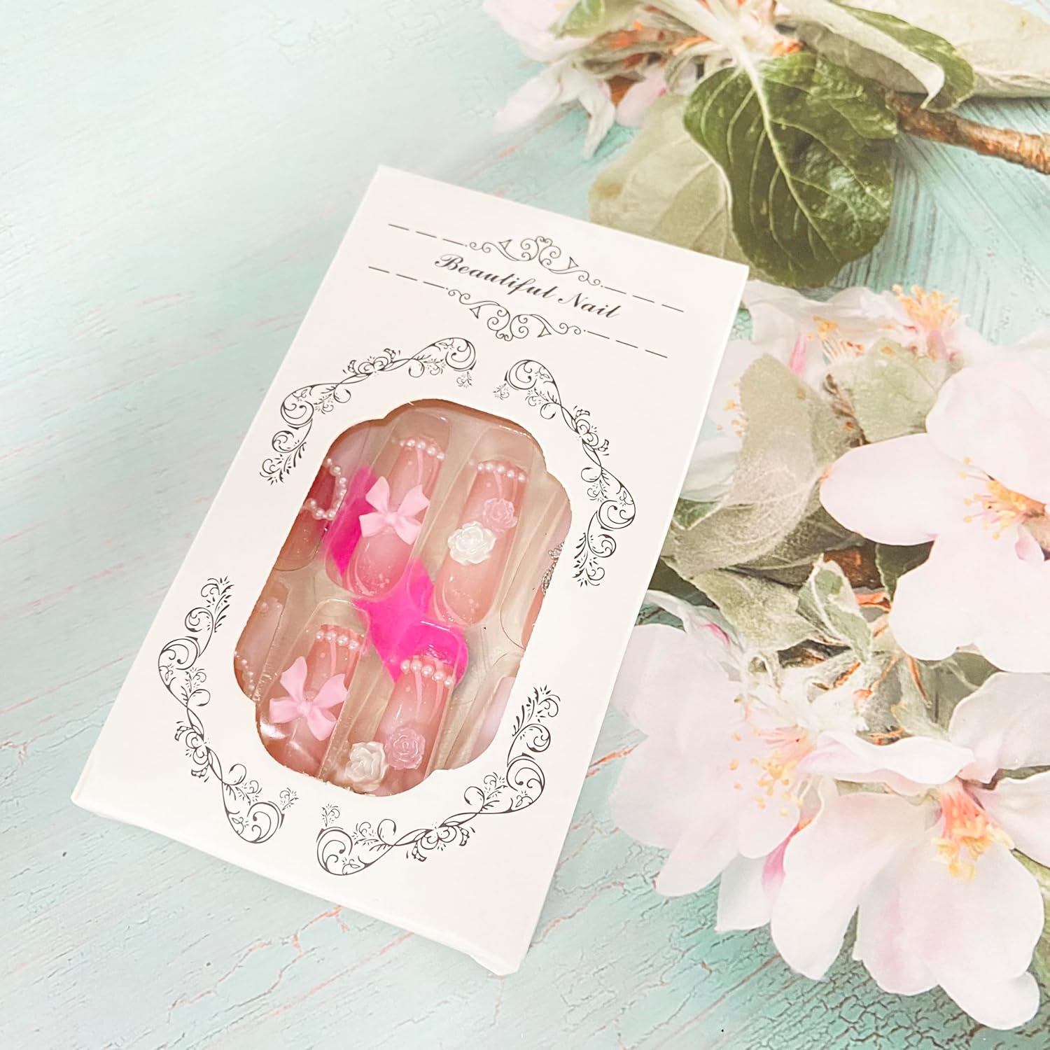 24 uñas postizas largas a presión con punta francesa con lazo de encanto, diseños de camelia, uñas adhesivas de cobertura completa, uñas adhesivas