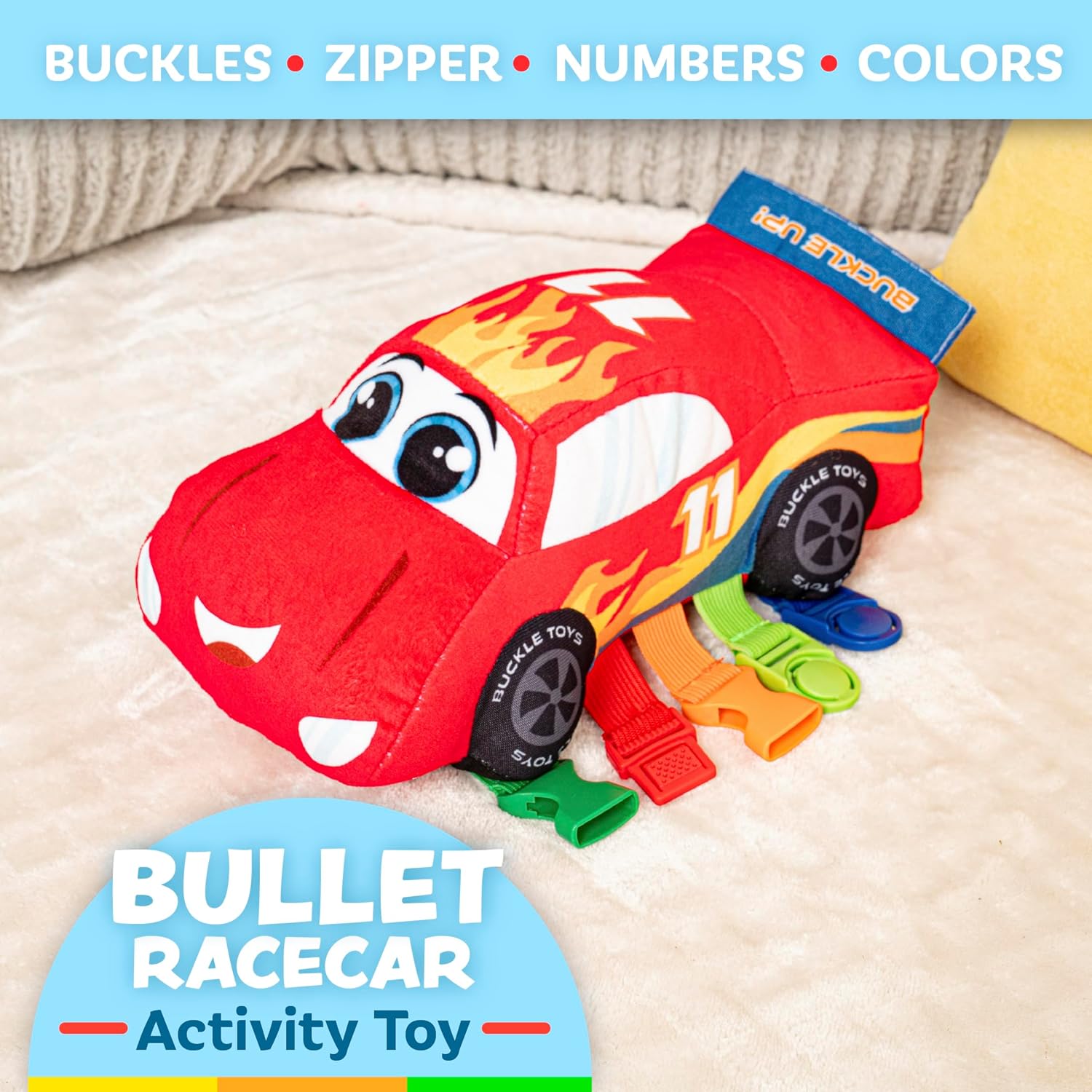 Buckle Toys – Bullet Racecar – Desarrolla habilidades motoras finas – Juguetes de actividad de aprendizaje sensorial – Esencial de viaje en avión