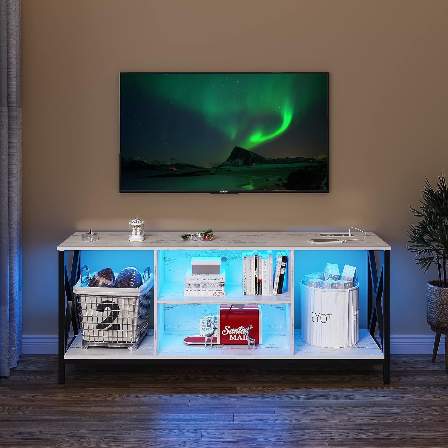 HNEBC Soporte de TV LED blanco con estación de carga USBinalámbrica, soportes de televisión con inducción automáticaluces LED ajustables, soporte de
