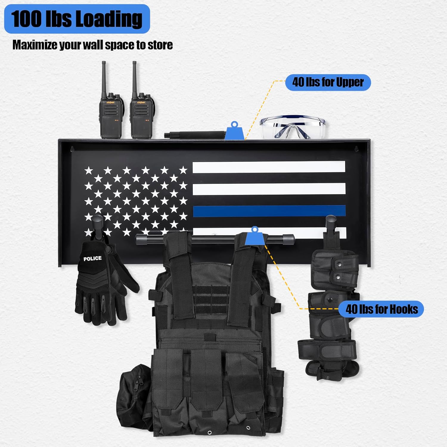 BUYYAH Police Gear Stand, Police Hanger, Tactical Duty Gear Rack with 3 Hooks, Free-Standing All Iron Frame Police Gift Decor with Flag, Black, Come