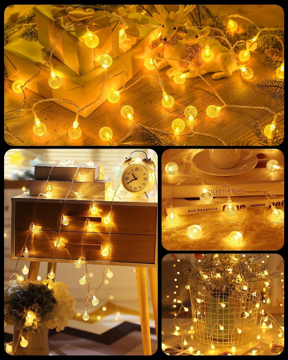 Tira de luces de globo de cristal, 33 pies, 100 luces LED USB cambian de color con control remoto y temporizador, resistente al agua para