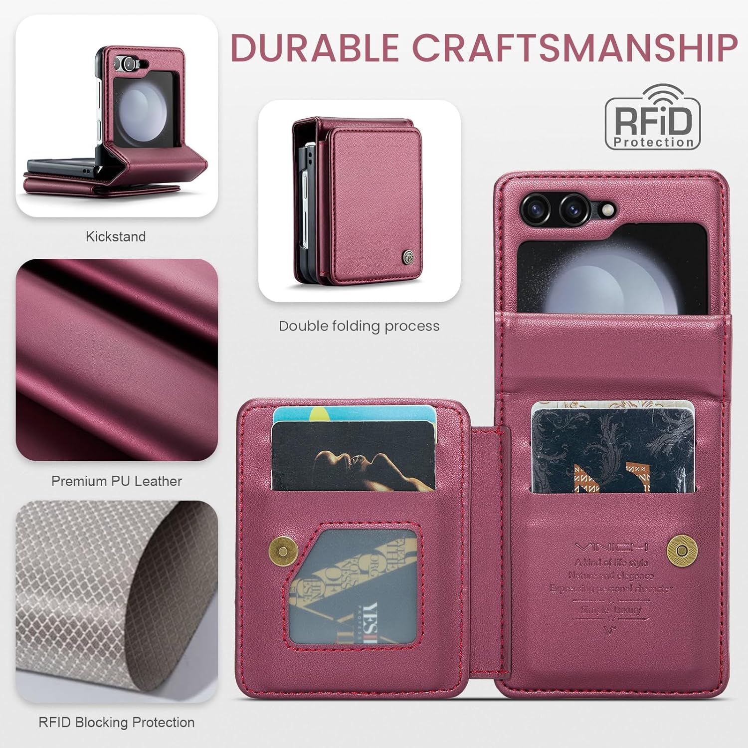 Vinich Funda para Samsung Galaxy Z Flip 5 con bloqueo RFID, para Samsung Z Flip 5, funda con tarjetero y soporte para tarjetas, funda duradera con