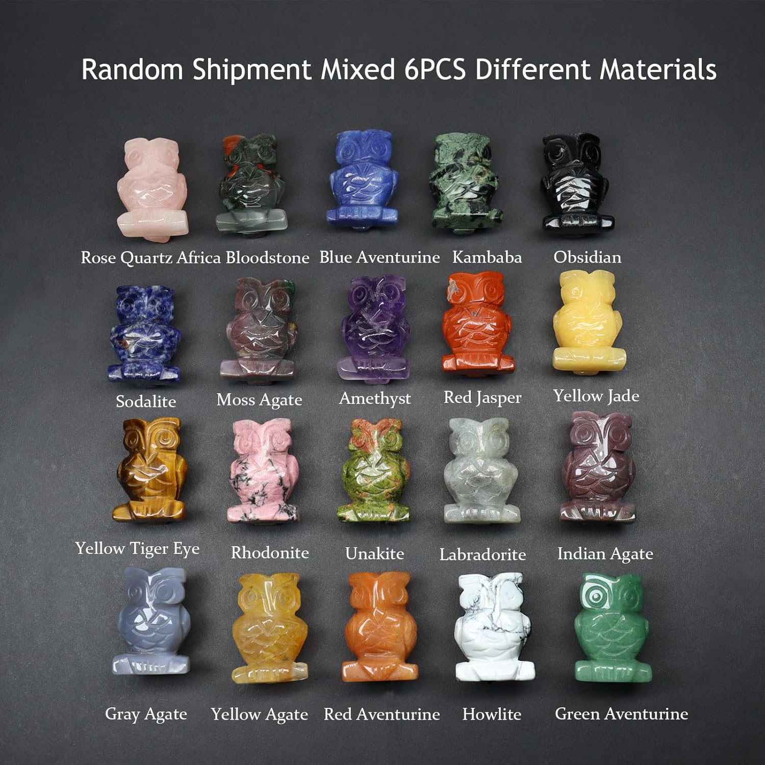 SSAKUGGI Mezcla de estatua de búho, 6 piezas, mezcla de cristal natural para tallar búhos, cristales de búho y piedras curativas talladas a mano,