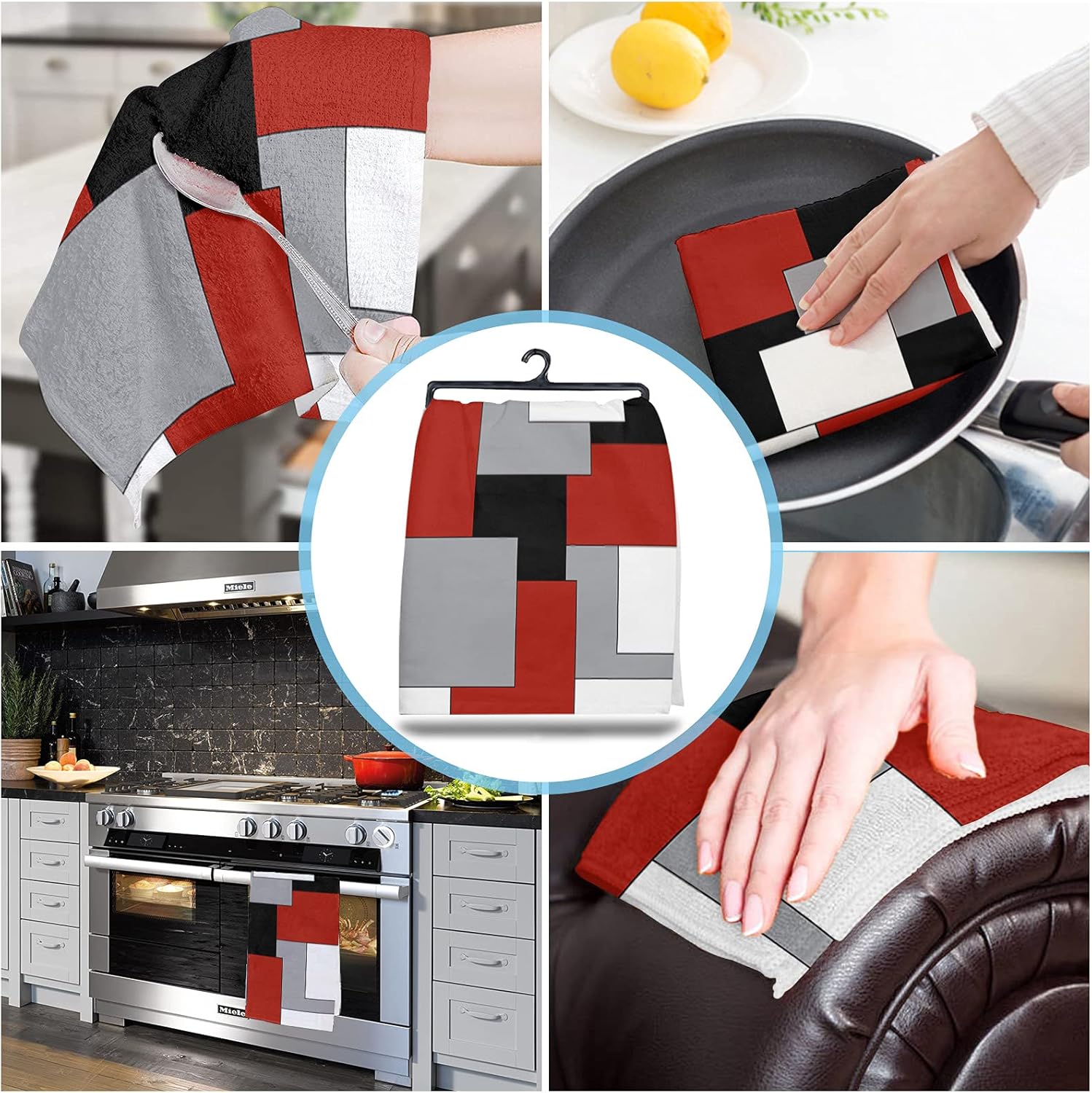 Juego de 2 toallas de cocina y paños de cocina, blanco, gris, negro, rojo, abstracto, irregular, geométrico, de 18 x 28 pulgadas, toallas de mano