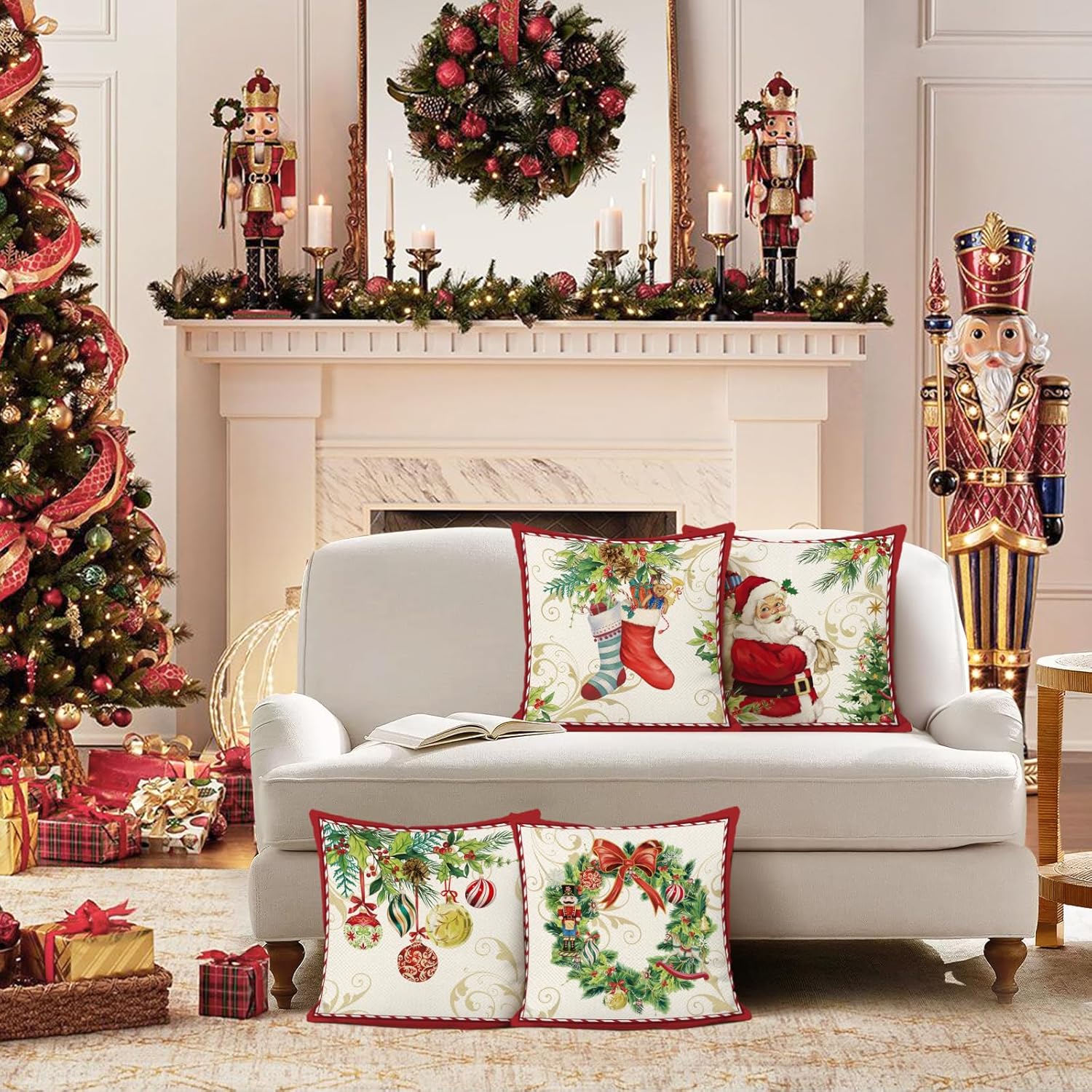 Bonhause Juego de 4 fundas de almohada de Navidad de 18 x 18 pulgadas, diseño de Papá Noel con corona de Navidad, calcetines de campanas de corona