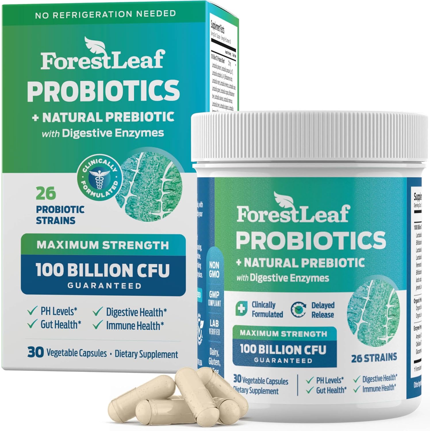 ForestLeaf Probióticos clínicamente estudiados 100 mil millones de UFC, 26 cepas con mezcla prebiótica orgánica y enzimas digestivas – Prebiótico