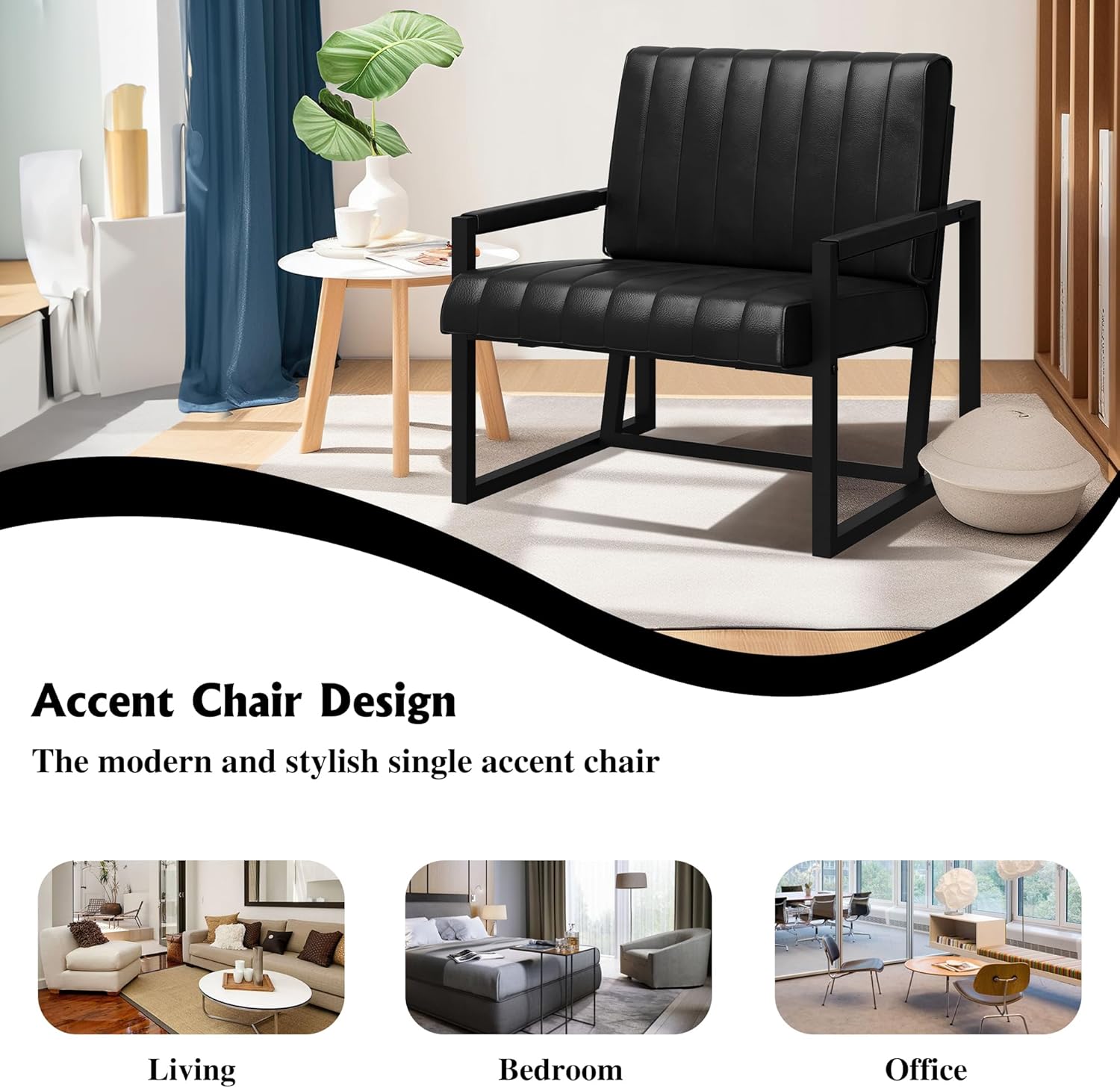 Recaceik Silla decorativa moderna de mediados de siglo, sillón tapizado de piel sintética con marco de metal, cojín de asiento de 4.1 pulgadas de