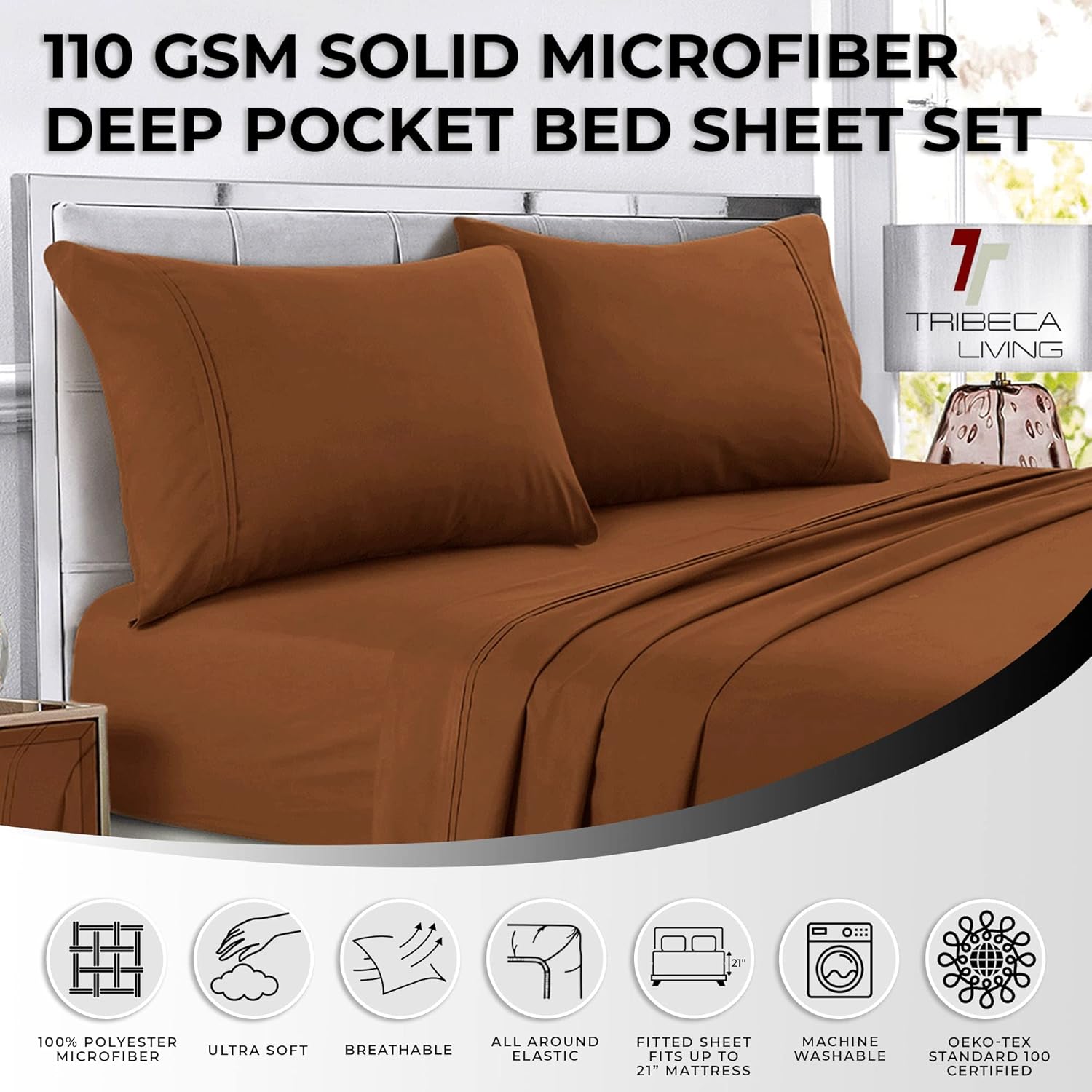 Tribeca Living Juego de sábanas de microfibra de 110 GSM con bolsillo profundo Queen Camel,SSSSMFQUCM