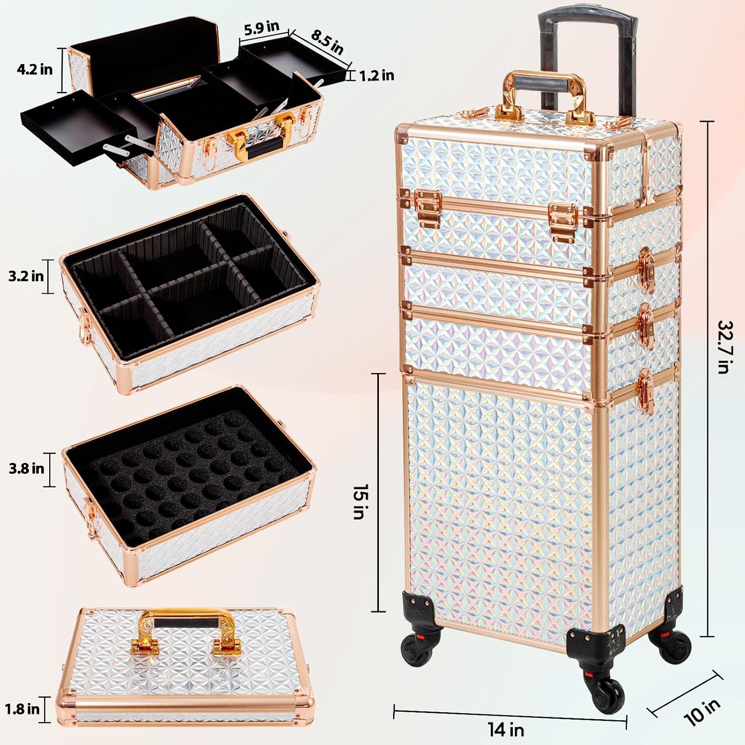 Estuche de maquillaje profesional 5 en 1, estuche de aluminio para cosméticos, estuche de maquillaje con ruedas giratorias de 360 , Blanco, Estuche
