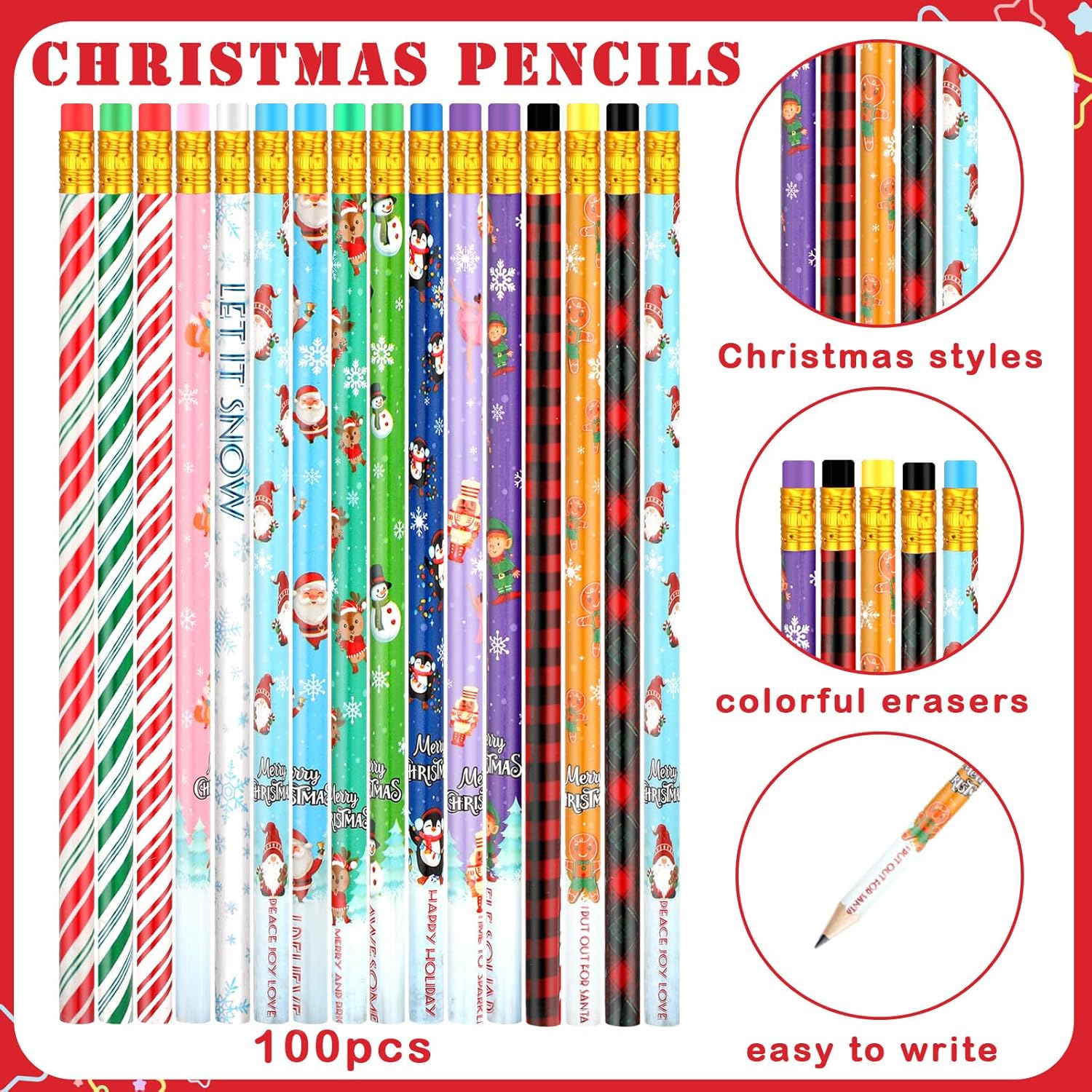 100 lápices de regalo a granel, recuerdos de papelería de vacaciones de invierno para niños, 20 estilos, lápices de madera 2B con borradores para