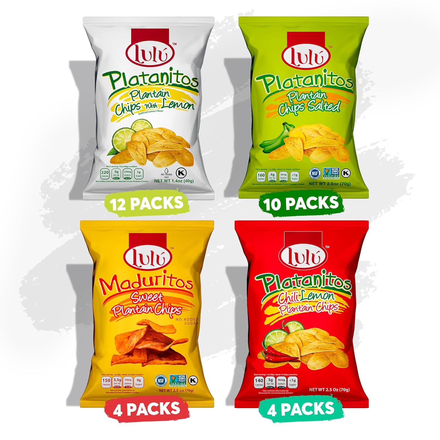 Lulu Caja variada de papas fritas de plátano, 30 bolsas surtidas, 12 limón, 10 saladas, 4 chiles, 4 dulces, veganas, 2.5 onzas, siempre crujientes