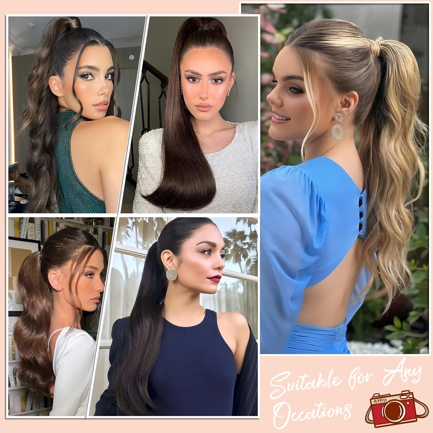 Extensión de cola de caballo de 22 pulgadas y 24 pulgadas de largo, ondulado y lacio, extensiones de cabello sintético de aspecto natural para