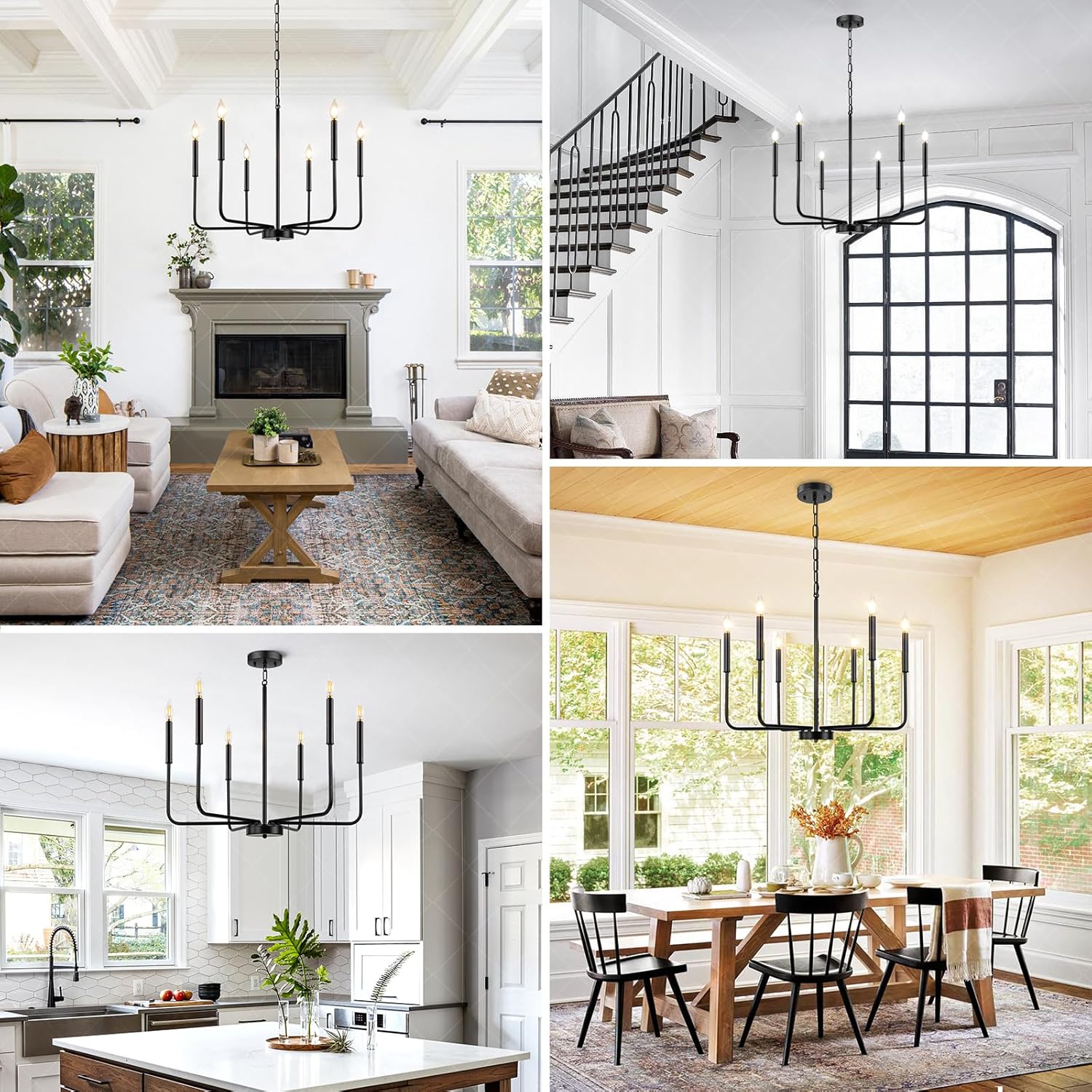 Candelabro negro, 6 luces modernas de granja para accesorios de iluminación de comedor, iluminación industrial rústica colgante de vela para