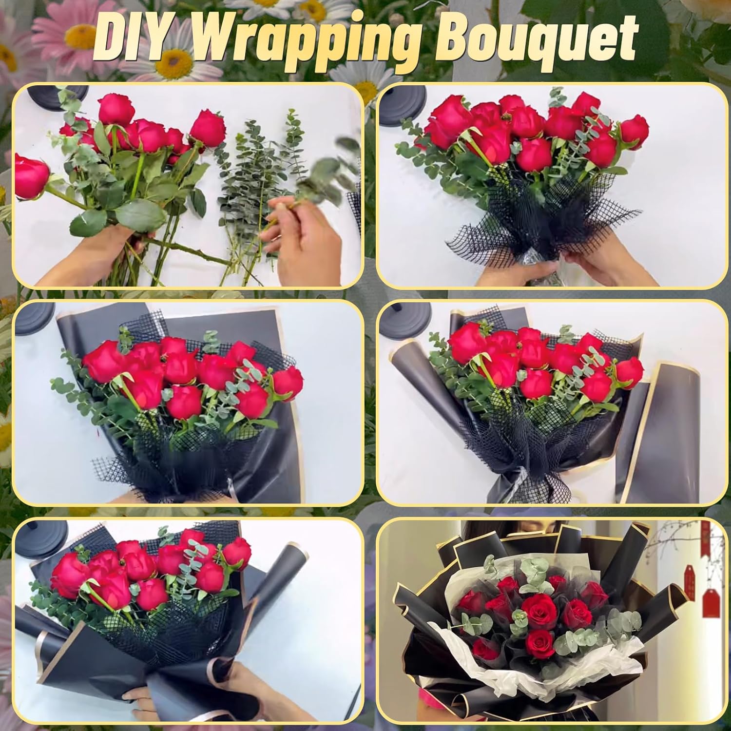 50 piezas de papel de regalo de flores verdes con borde dorado, papel de regalo coreano impermeable con 1 rollo de cinta y tarjetas de regalo, papel