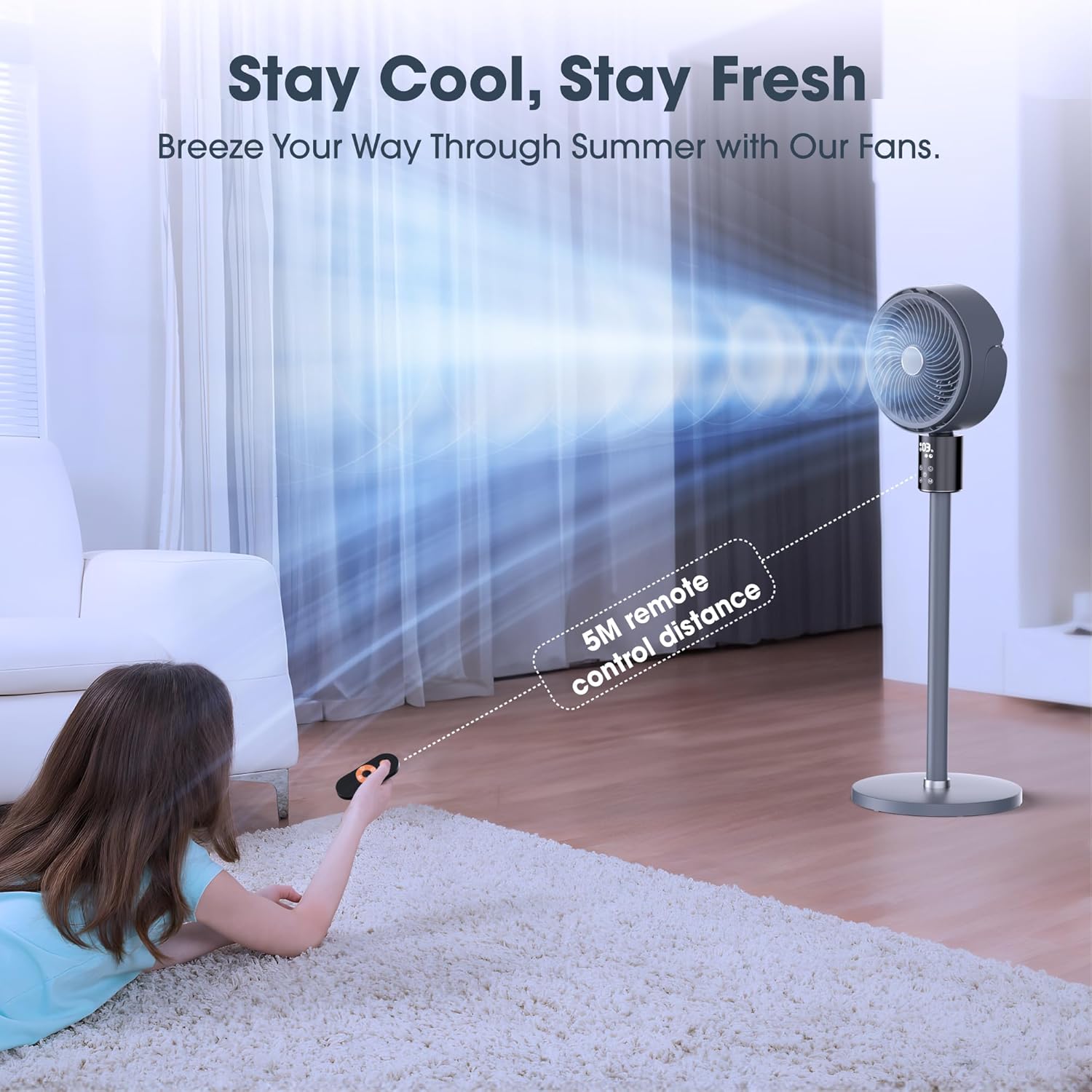 Ventiladores de suelo oscilantes silenciosos con control remoto + LED táctil, ventilador de pie para dormitorio del hogar, ventiladores de pedestal