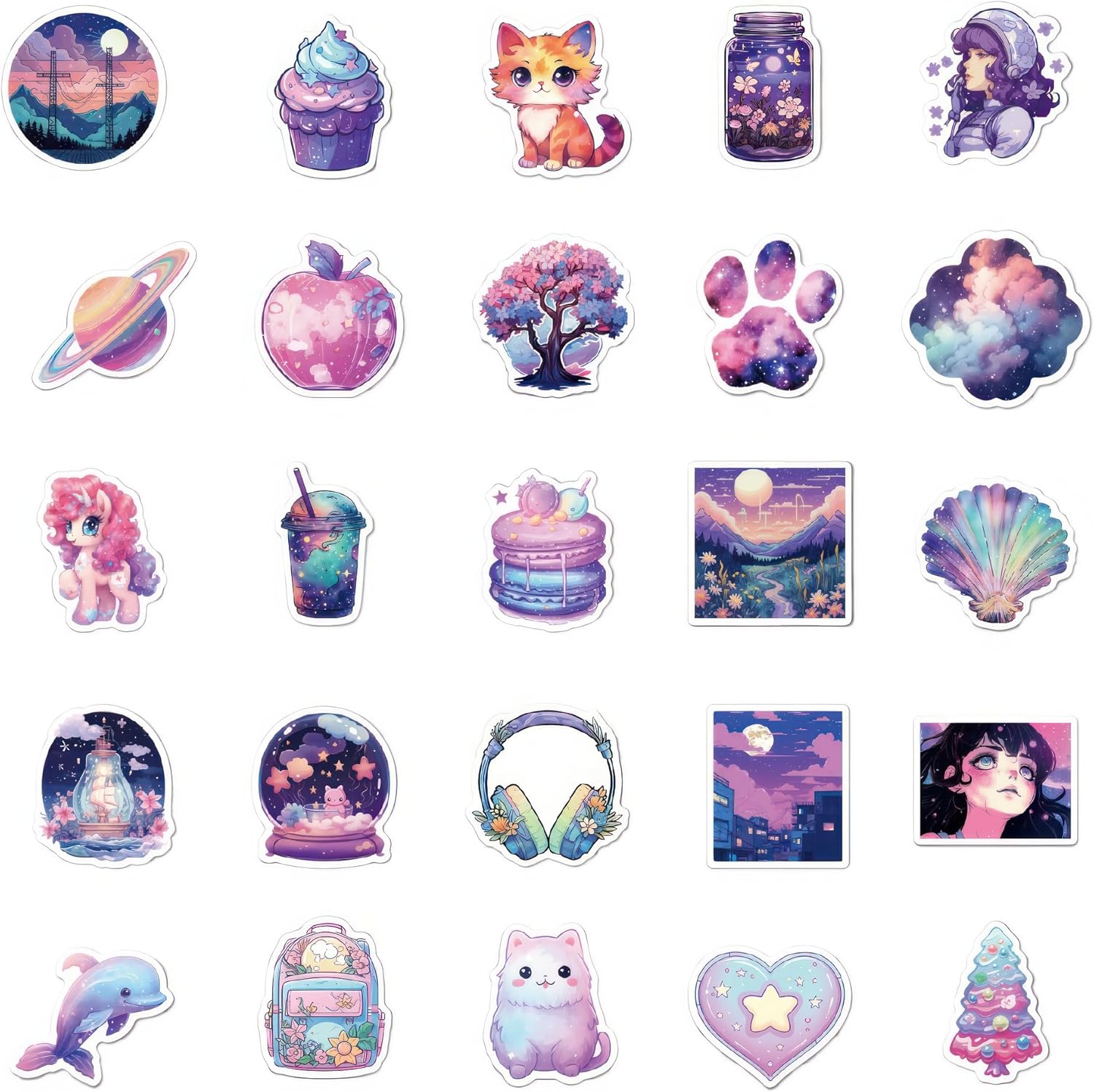 50 calcomanías de fantasía mágica de medianoche Kawaii para botellas de agua para niños, adolescentes, niñas, calcomanías moradas, calcomanías