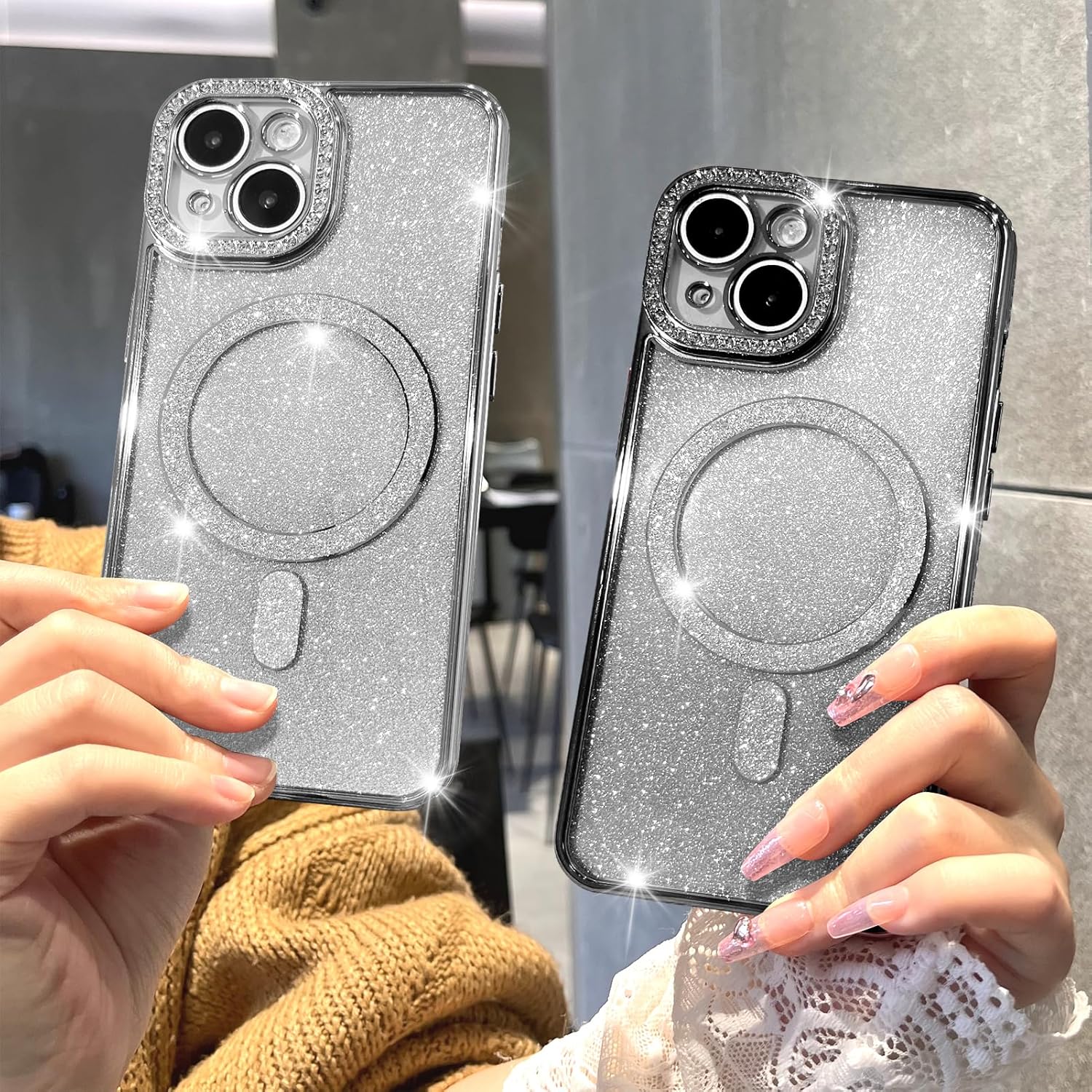 KANGHAR Funda magnética con purpurina degradada para iPhone 15 Plus de 6.7 pulgadas, funda de lujo chapada en diamantes de imitación, suave TPU