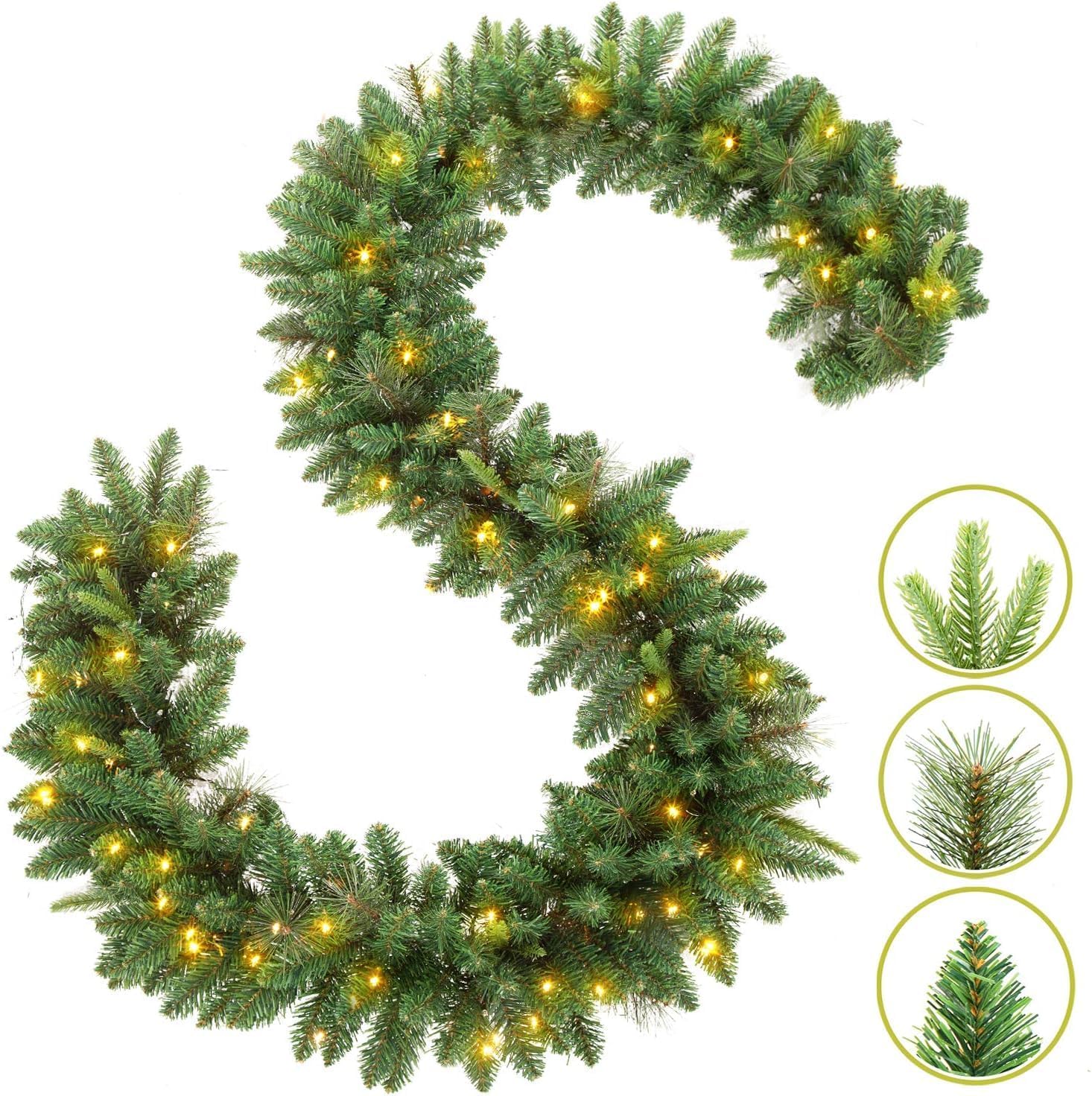 KING BIRD Guirnalda de Navidad de 9 pies por 12 pulgadas, guirnalda preiluminada con 50 luces cálidas, guirnalda de Navidad verde clásica con 300