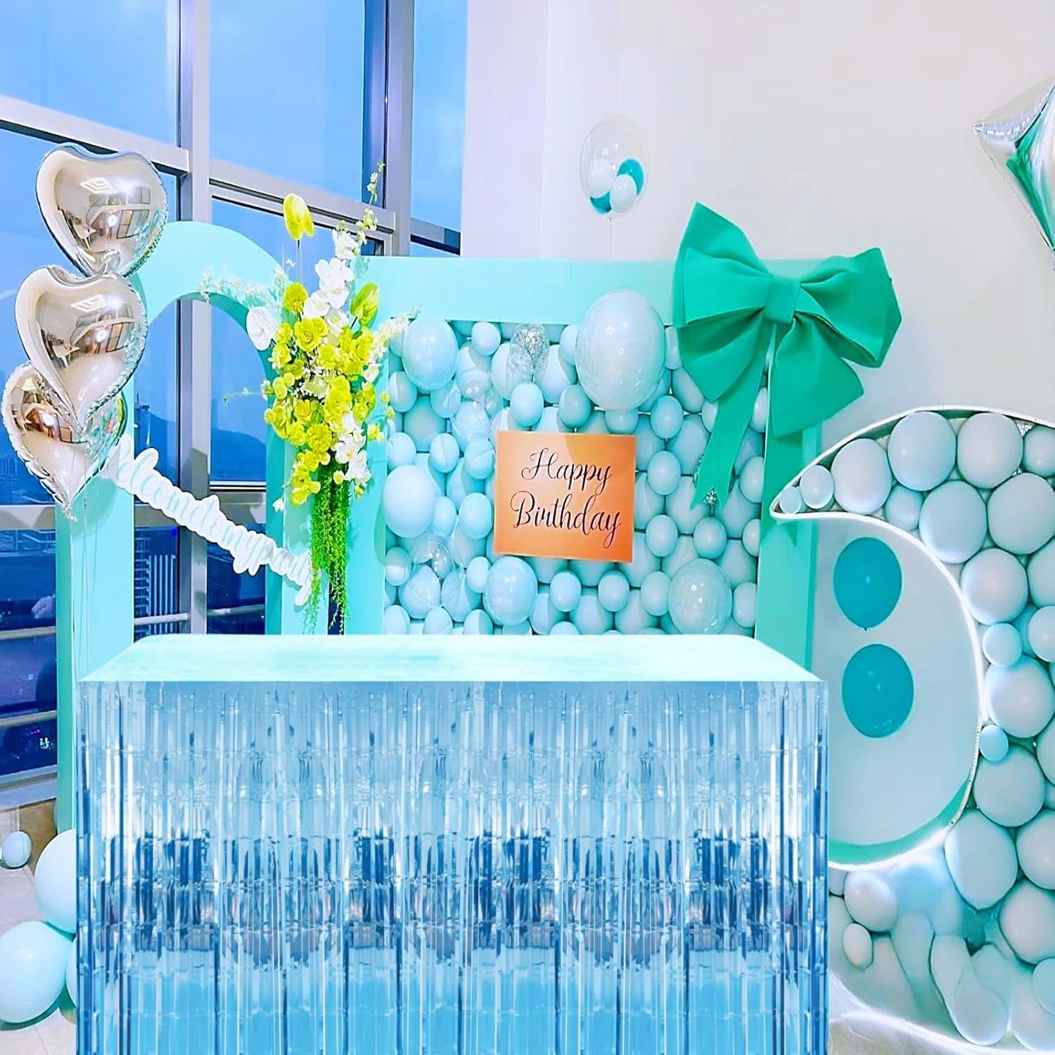 Paquete de 2 guirnaldas de falda de mesa con flecos de papel de aluminio azul claro amplio, decoración de fiesta para cumpleaños, niños, océano bajo