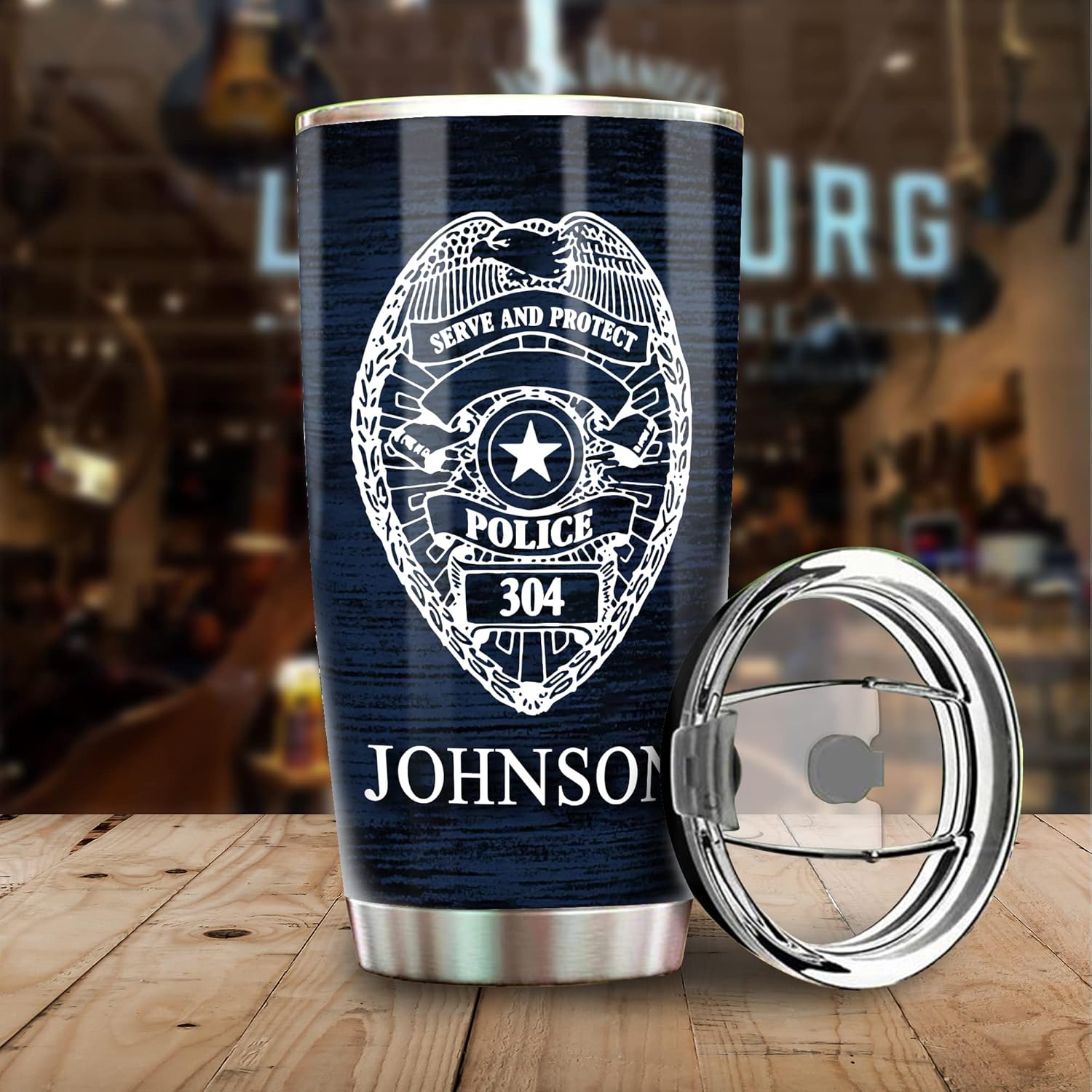 Vaso de policía personalizado con insignia de policía, regalo de oficial de policía, vaso de acero inoxidable de 20 onzas con línea azul fina y