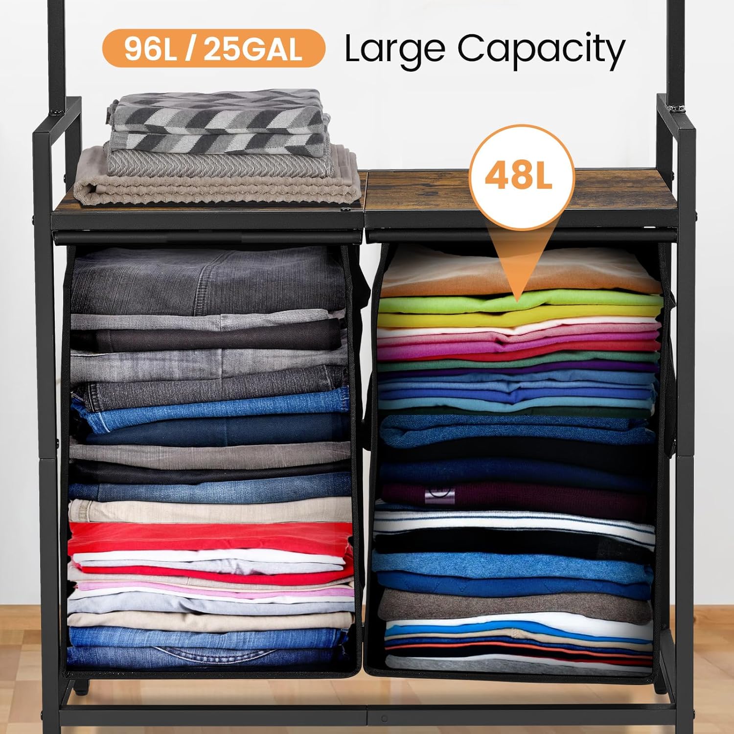 Organizador de ropa para ropa sucia, 2 estantes de 12.7 galones (96 litros), cesta de lavandería con bolsas extraíbles, organizador de lavandería,