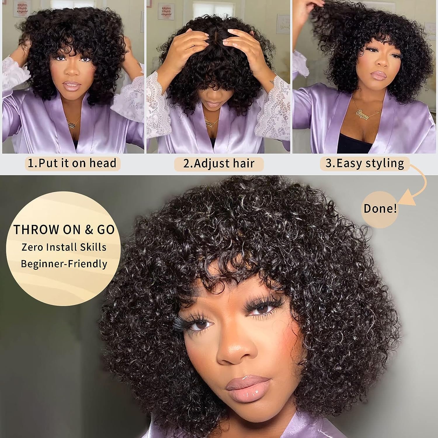 Peluca de cabello humano virgen rizado con flequillo de 150 % de densidad, grado 10A, para mujeres negras, peluca de cabello humano rizado con