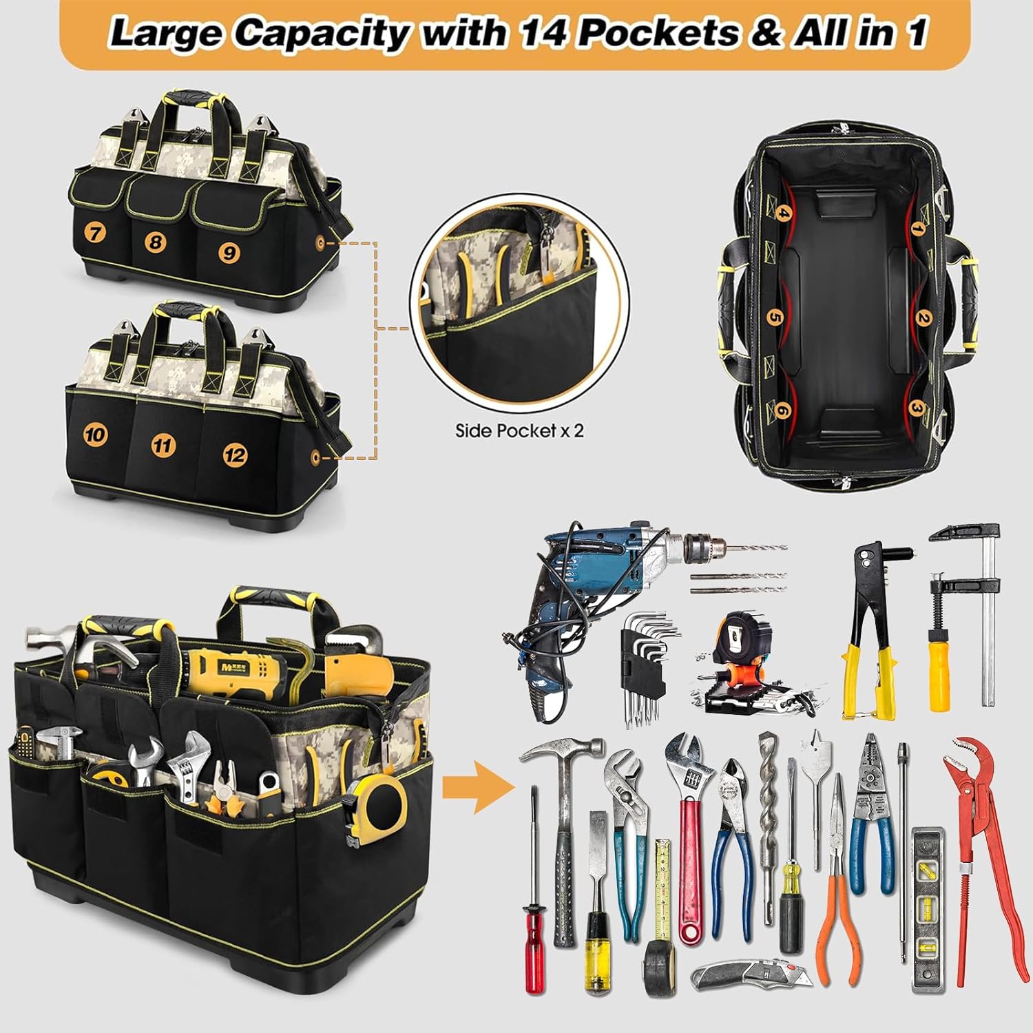 Toocust – Bolsa de herramientas, base moldeada impermeable de 15 pulgadas, bolsa de herramientas de boca ancha con múltiples bolsillos, parte