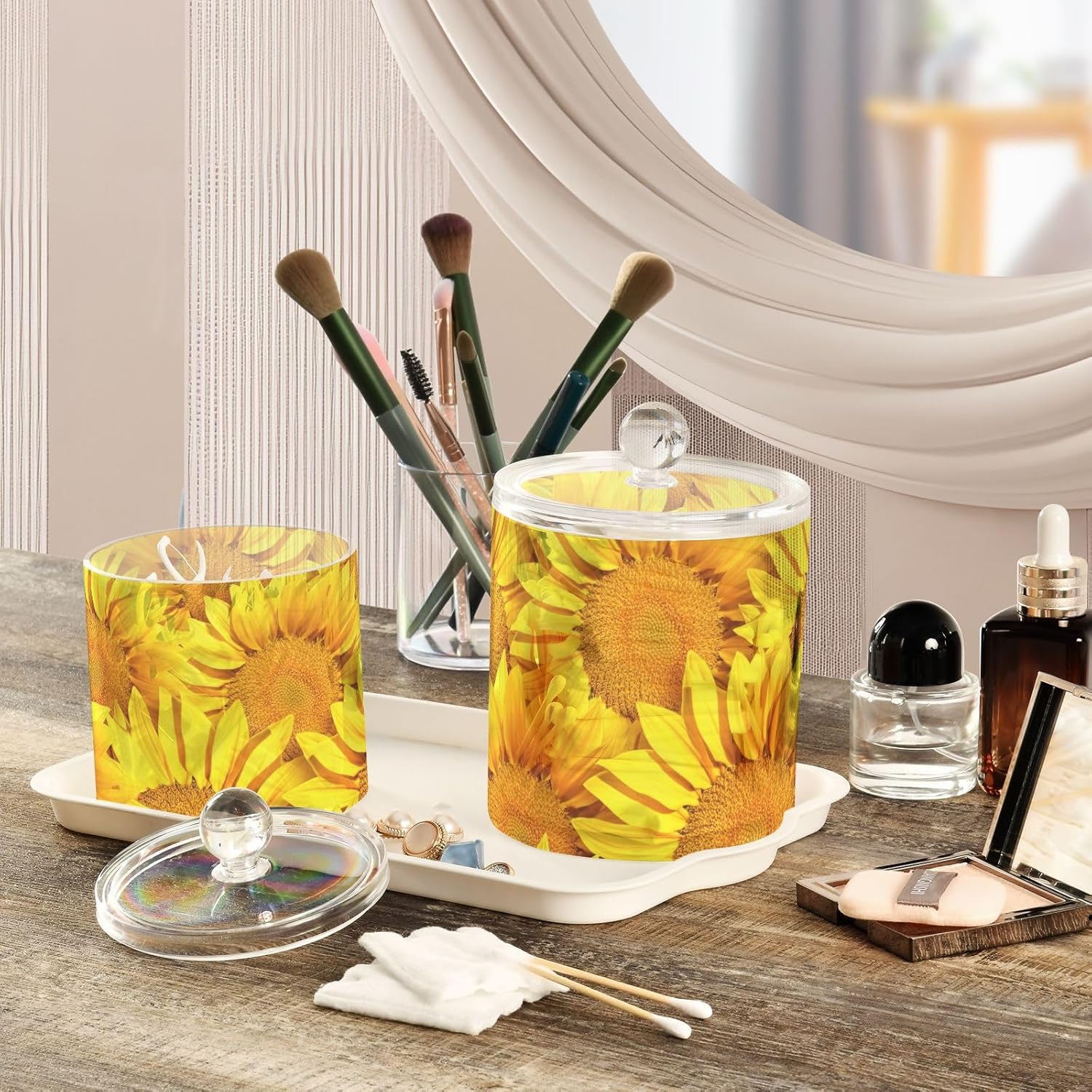 Tarros de girasoles con tapas, contenedores de almacenamiento de baño, recipientes de almacenamiento de algodón para dormitorio, artículos