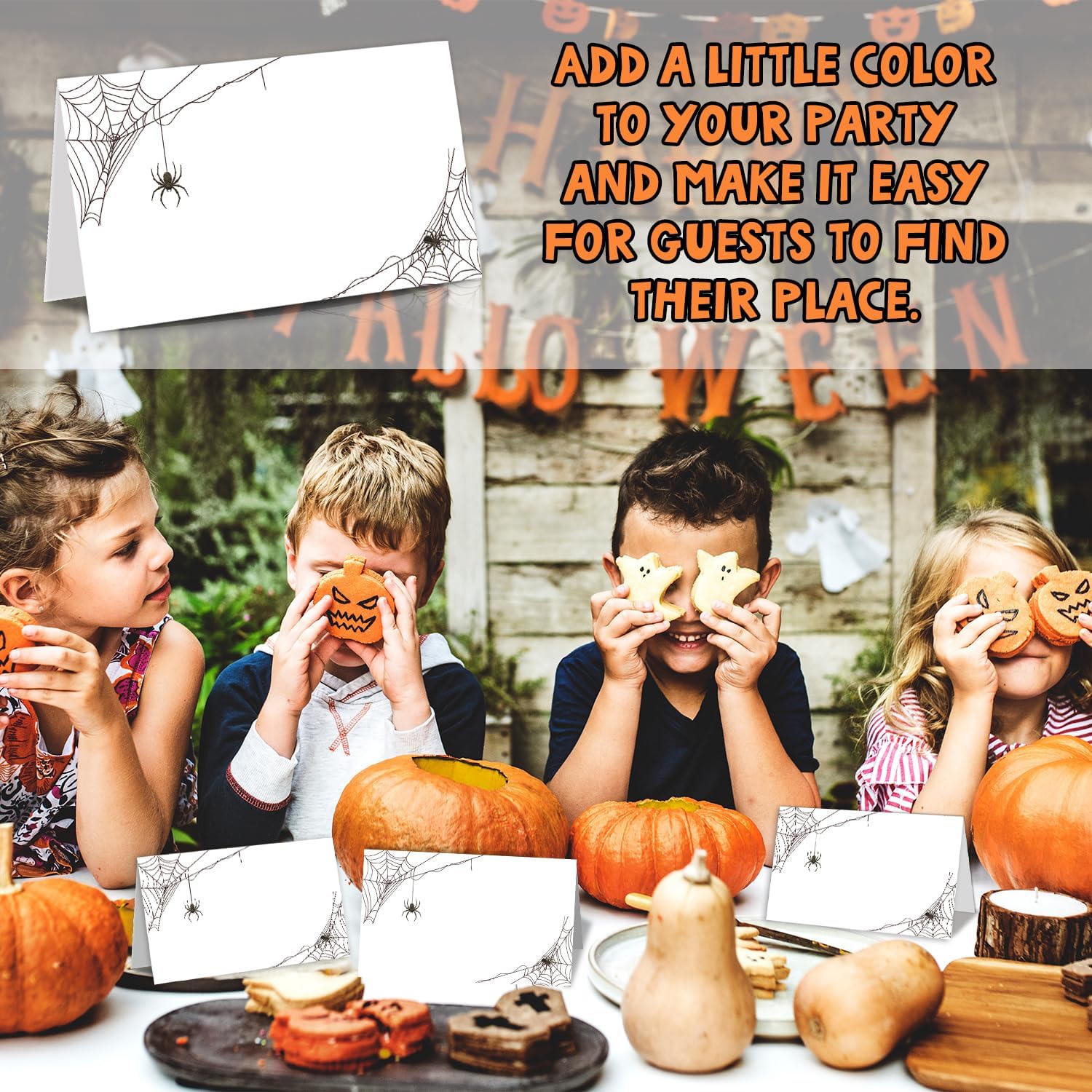 JY878 – Juego de 25 etiquetas de tienda de campaña de Halloween, tarjetas editables con nombre de lugar, plegables, Halloween, Acción de Gracias,