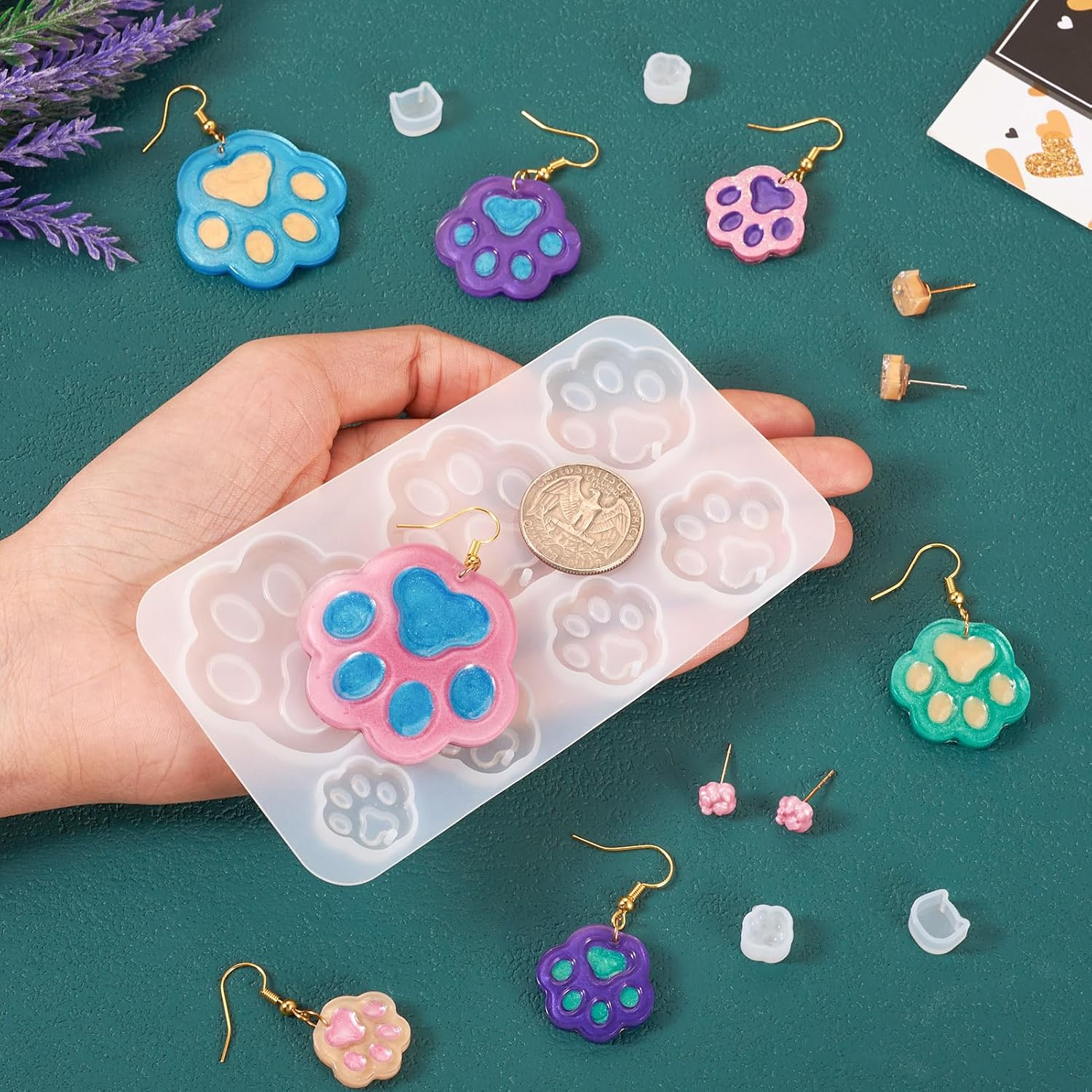 Magibeads 5 moldes de silicona con estampado de patas, dijes y cabujones lindos moldes de resina de pata de gato para manualidades, manualidades,