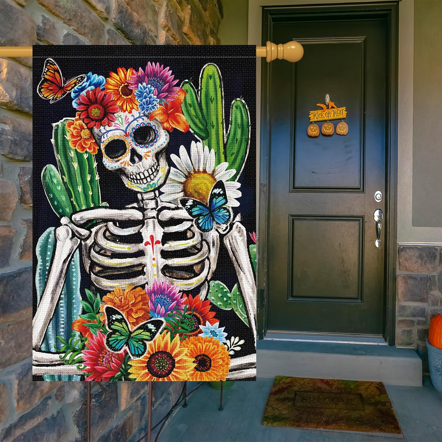Bandera de jardín del Día de los Muertos de 28 x 40 pulgadas, de arpillera de doble cara, calavera, esqueleto, flor, banderas de jardín Dia DE Los