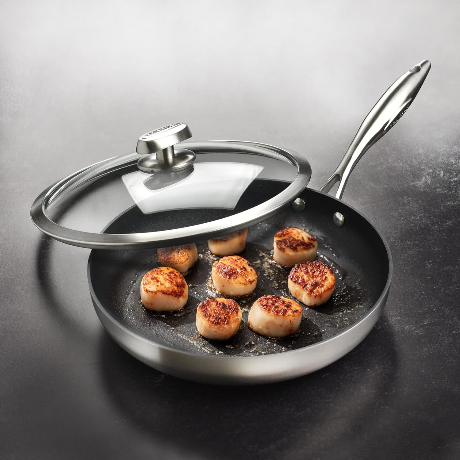 Scanpan Sartén CX+ de 11 pulgadas con tapa de cristal, antiadherente Stratanium Plus, acero inoxidable de 5 capas