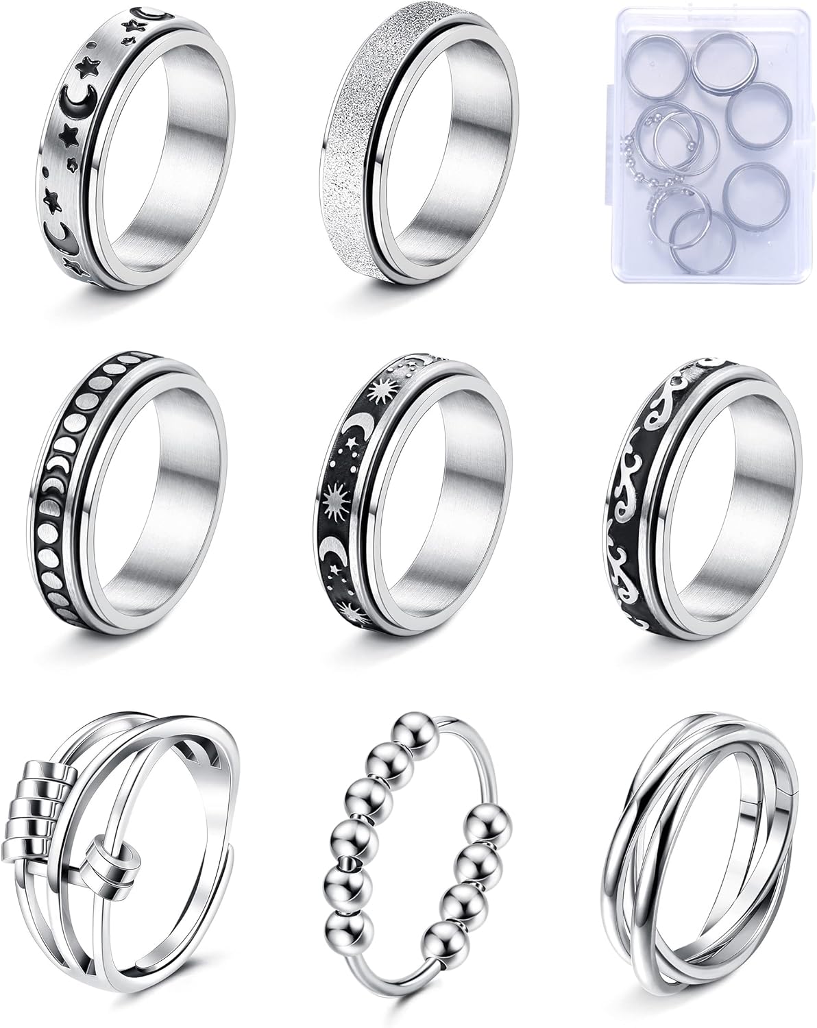 SAILIMUE 4689 piezas de anillos de ansiedad para mujeres y hombres, anillo giratorio de acero inoxidable para la ansiedad, cuentas de flores, sol,