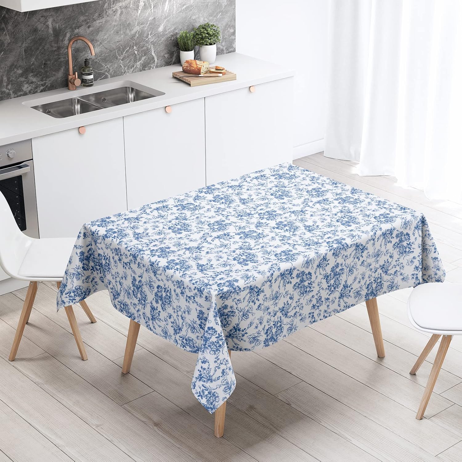 Mantel rectangular vintage azul y blanco, mantel floral azul rústico, lavable, resistente a las arrugas para restaurantes, picnic, comedor en