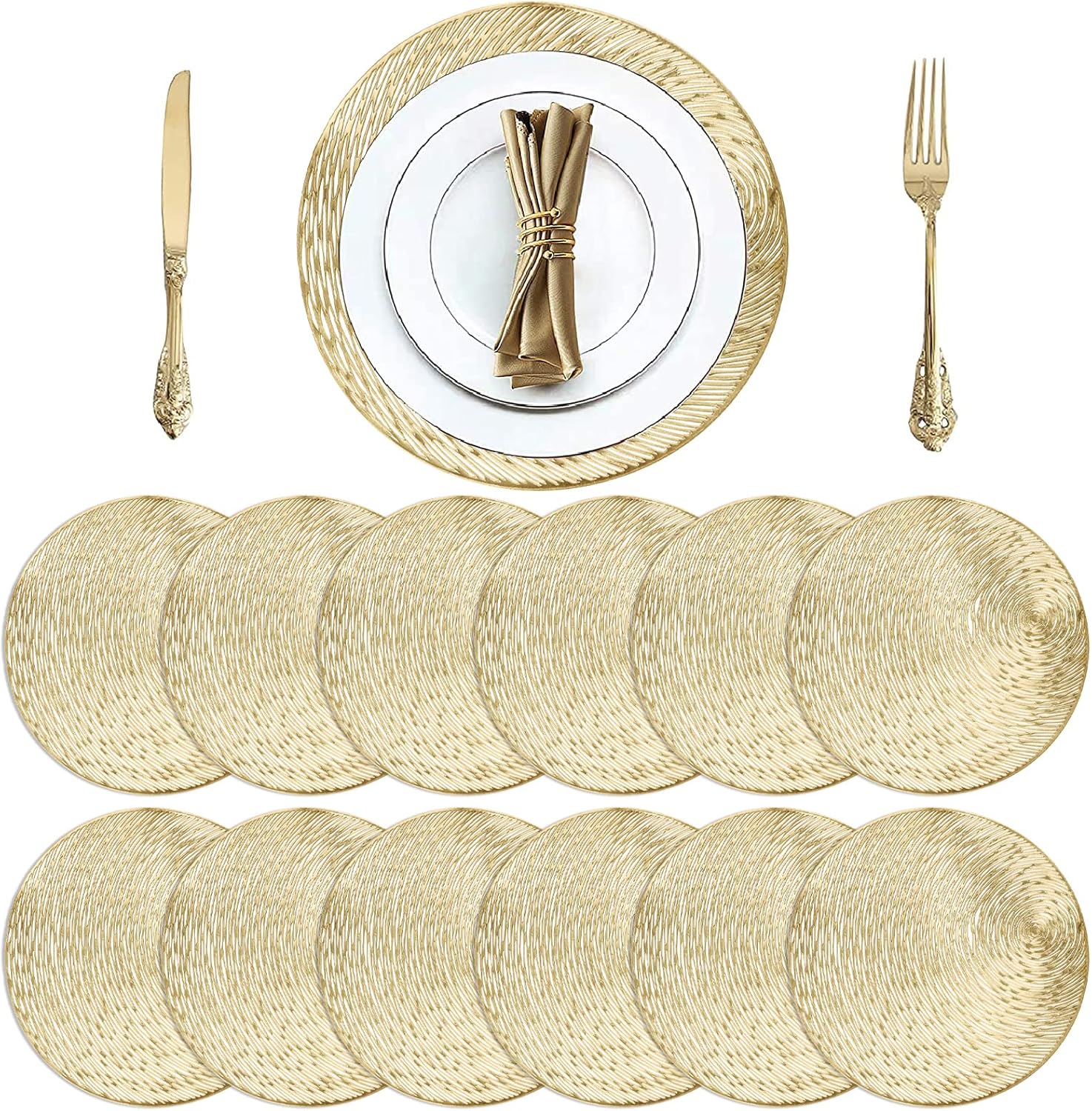 Cedilis Paquete de 12 manteles individuales de vinilo metálico dorado, antideslizantes, lavables, manteles individuales redondos para decoración de