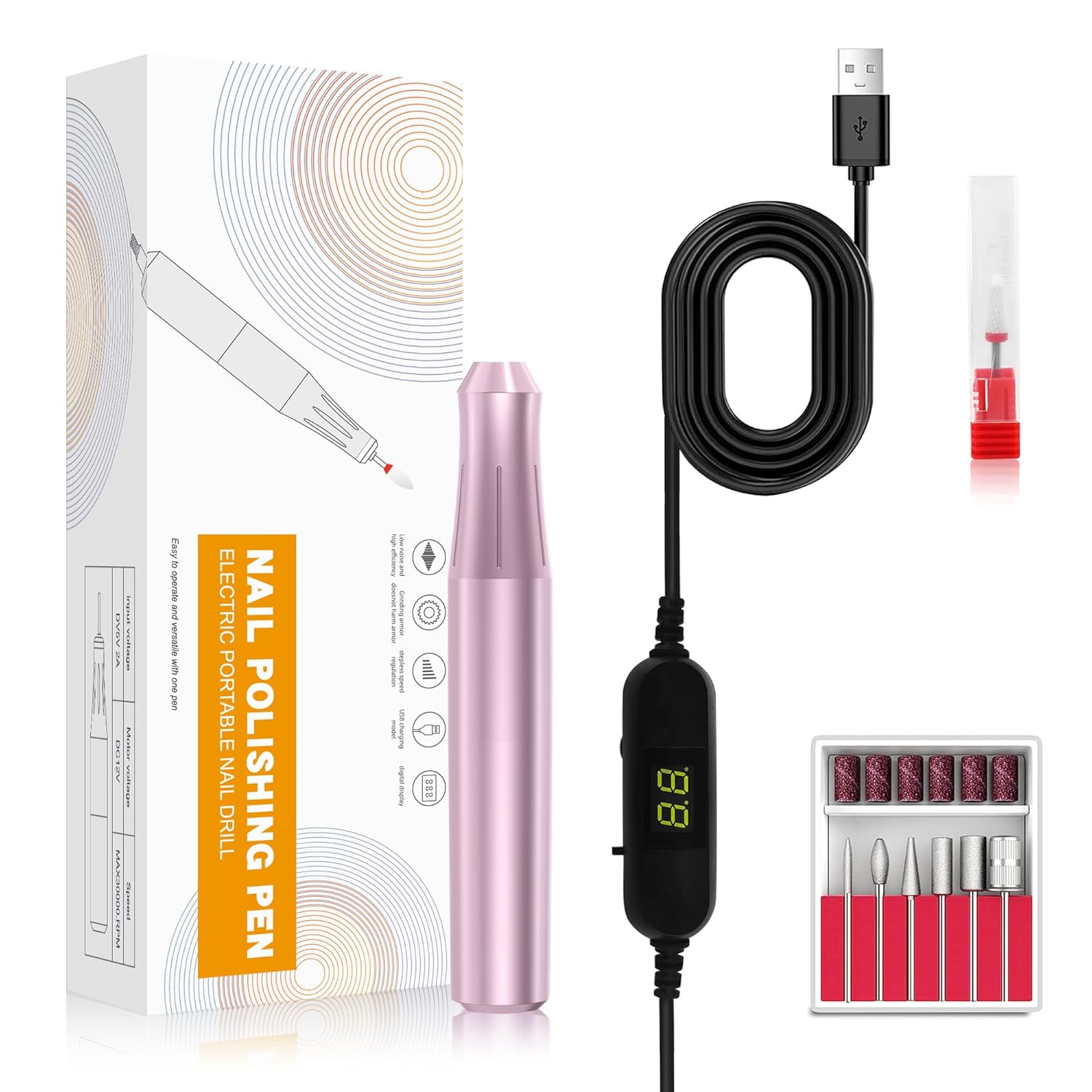 Uñas eléctricas portátiles con cabezal de pulido de cerámica, pantalla de visualización de archivos de uñas DC12V USB Strong Power Efile para uñas