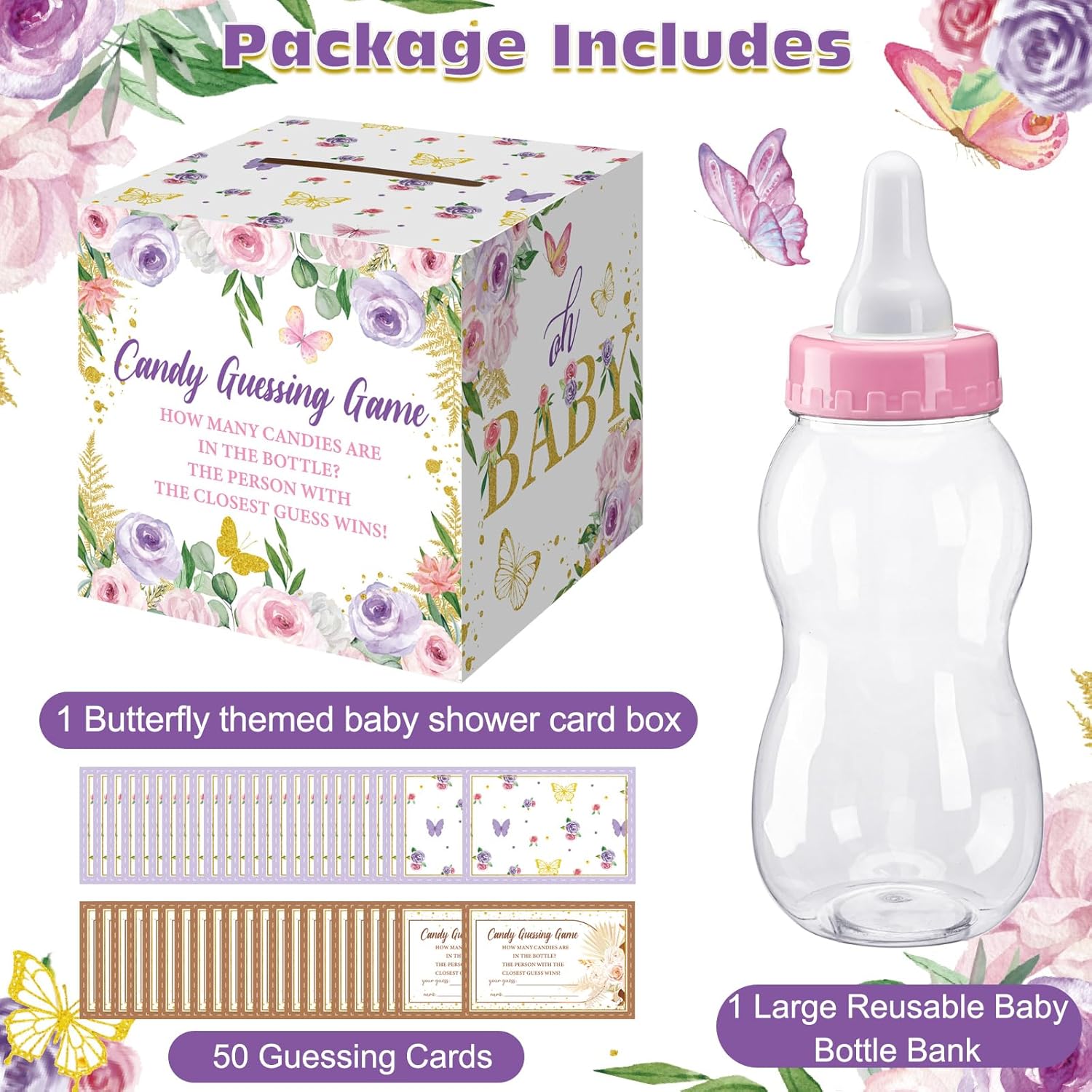 52 piezas geniales para juegos de baby shower, botella grande para juego de ducha, adivina cuántos caramelos, juegos de baby shower, juegos de