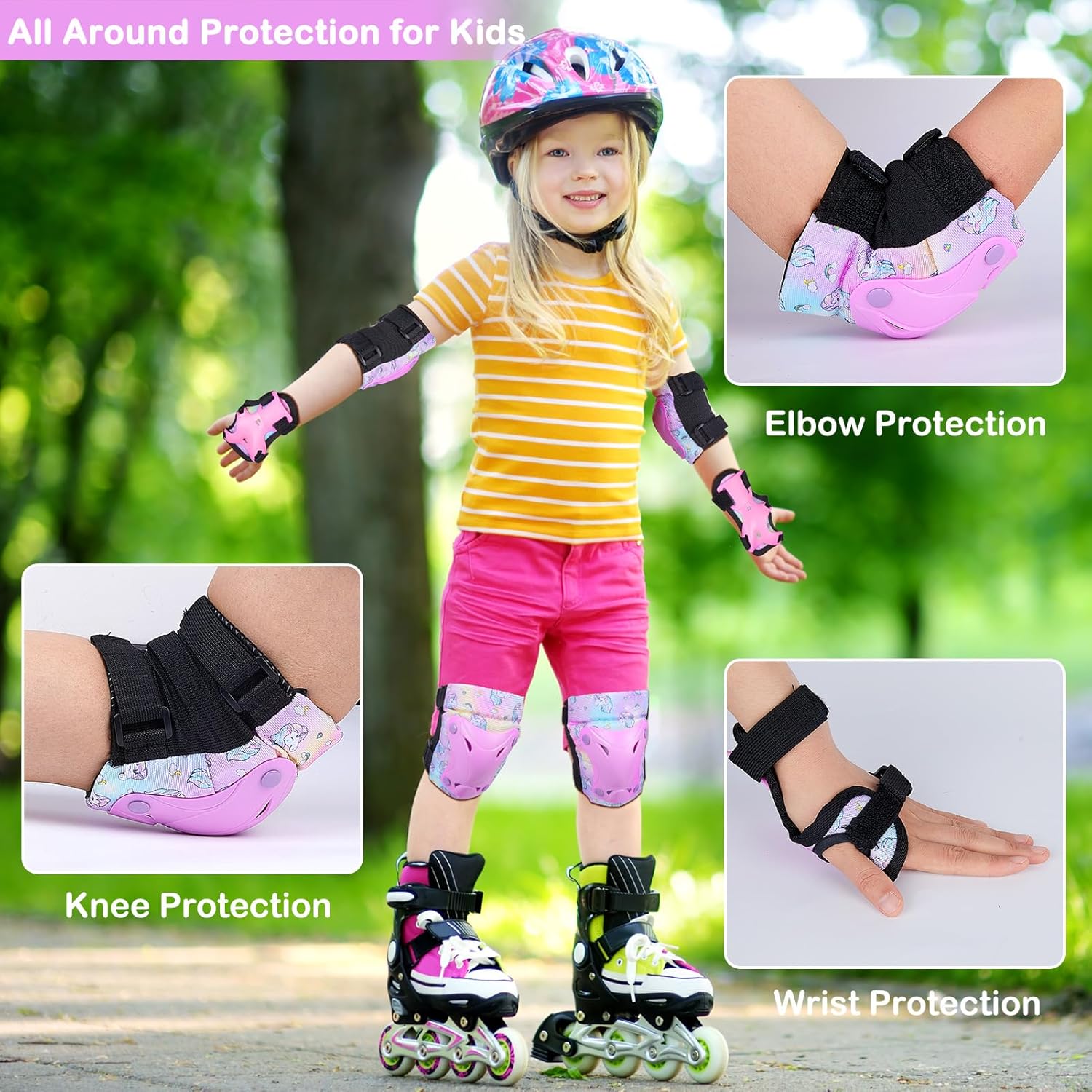 FIODAY Rodilleras para niños, rodilleras de unicornio, coderas, muñequeras con bolsa de cordón, juego de equipo de protección ajustable para niñas y
