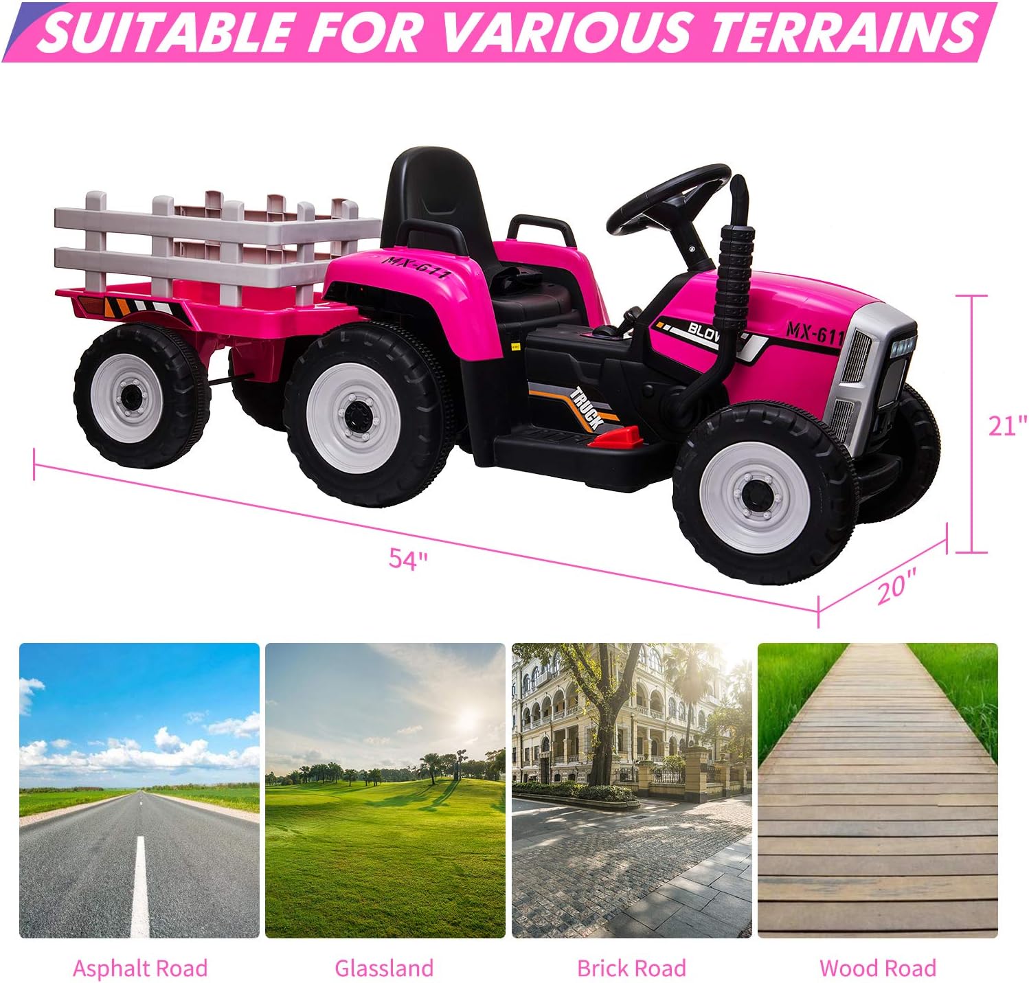Tractor de 12 V con remolque y control remoto, vehículo eléctrico para niños pequeños con faros LED, cambio de marchas 2+1, reproductor de MP3, USB,