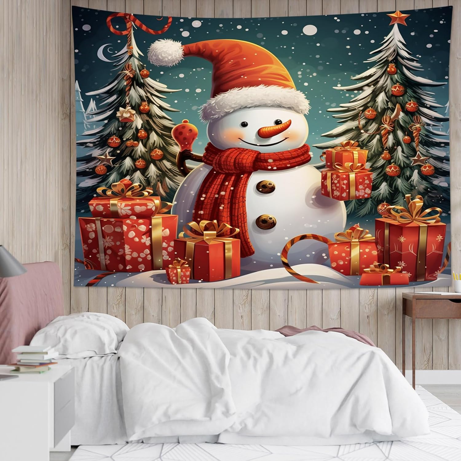 HVEST Tapiz navideño de muñeco de nieve para colgar en la pared, divertido muñeco de nieve con sombrero rojo de Navidad y tapiz de regalo, tapiz de