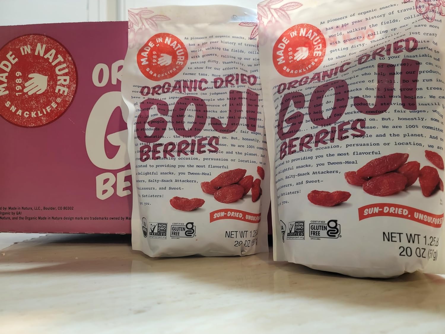 Made in Nature – Bayas GOJI orgánicas secadas al sol sin sulfatar, 20 onzas, 20.00 oz (dos bolsas)