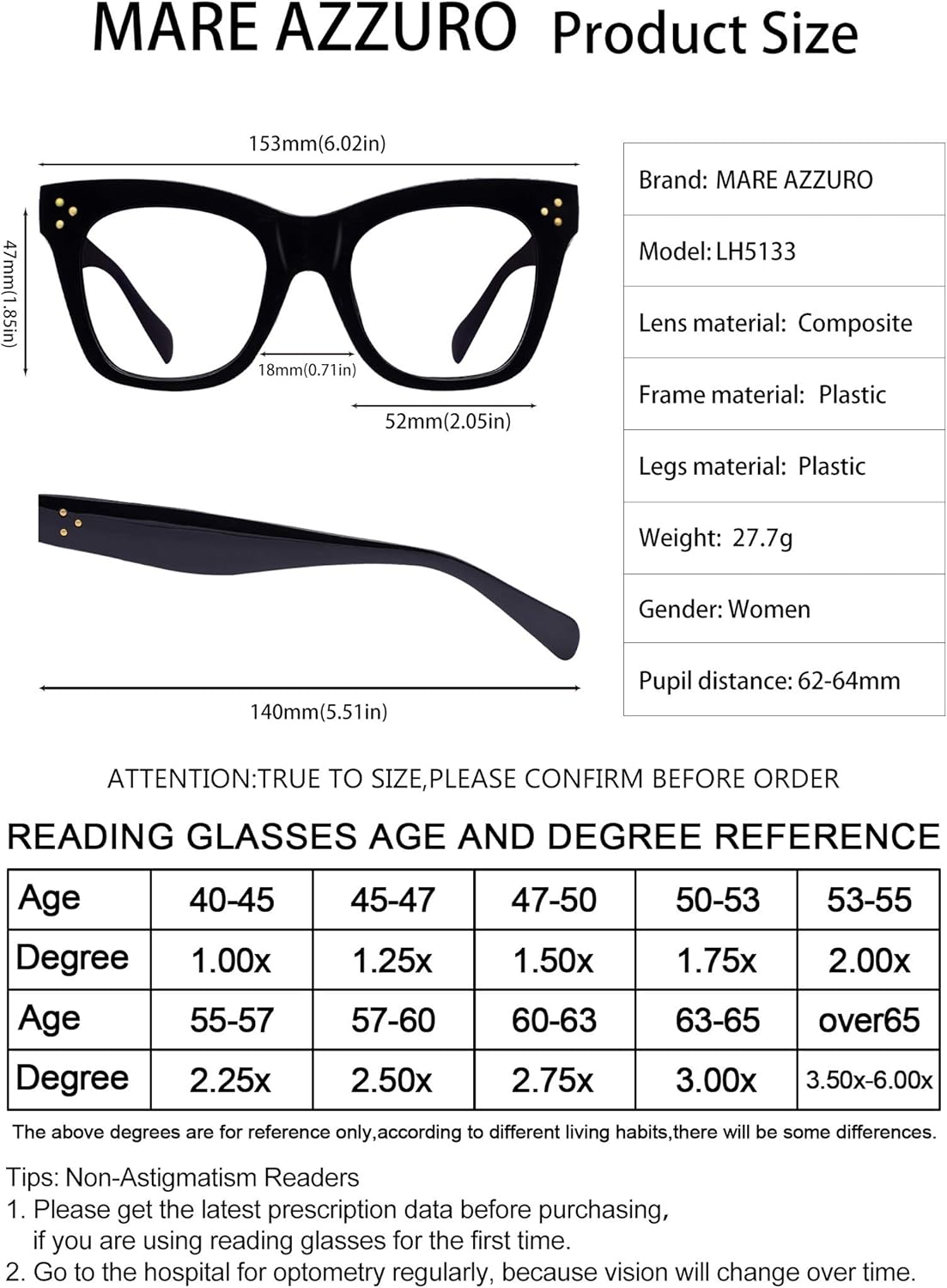 MARE AZZURO Lentes de lectura de gran tamaño para mujer, a la moda, grandes lectores 0 1.0 1.25 1.5 1.75 2.0 2.25 2.5 2.75 3.0 3.5 4.0 5.0 6.0