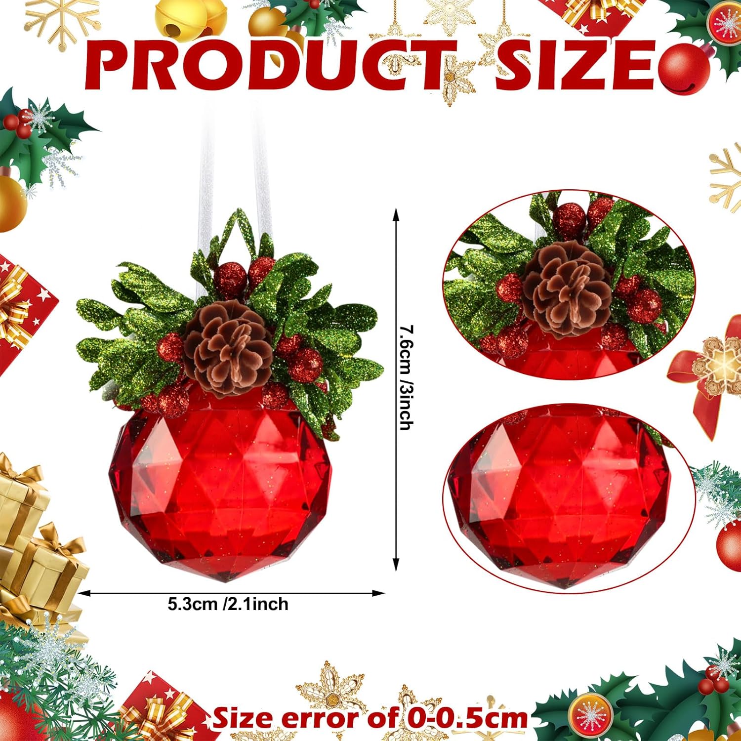 Yuxung 6 piezas de adornos de Navidad de cristal de muérdago de 3 pulgadas, joya roja, boda, Navidad, bola de besos de acrílico, adorno colgante de