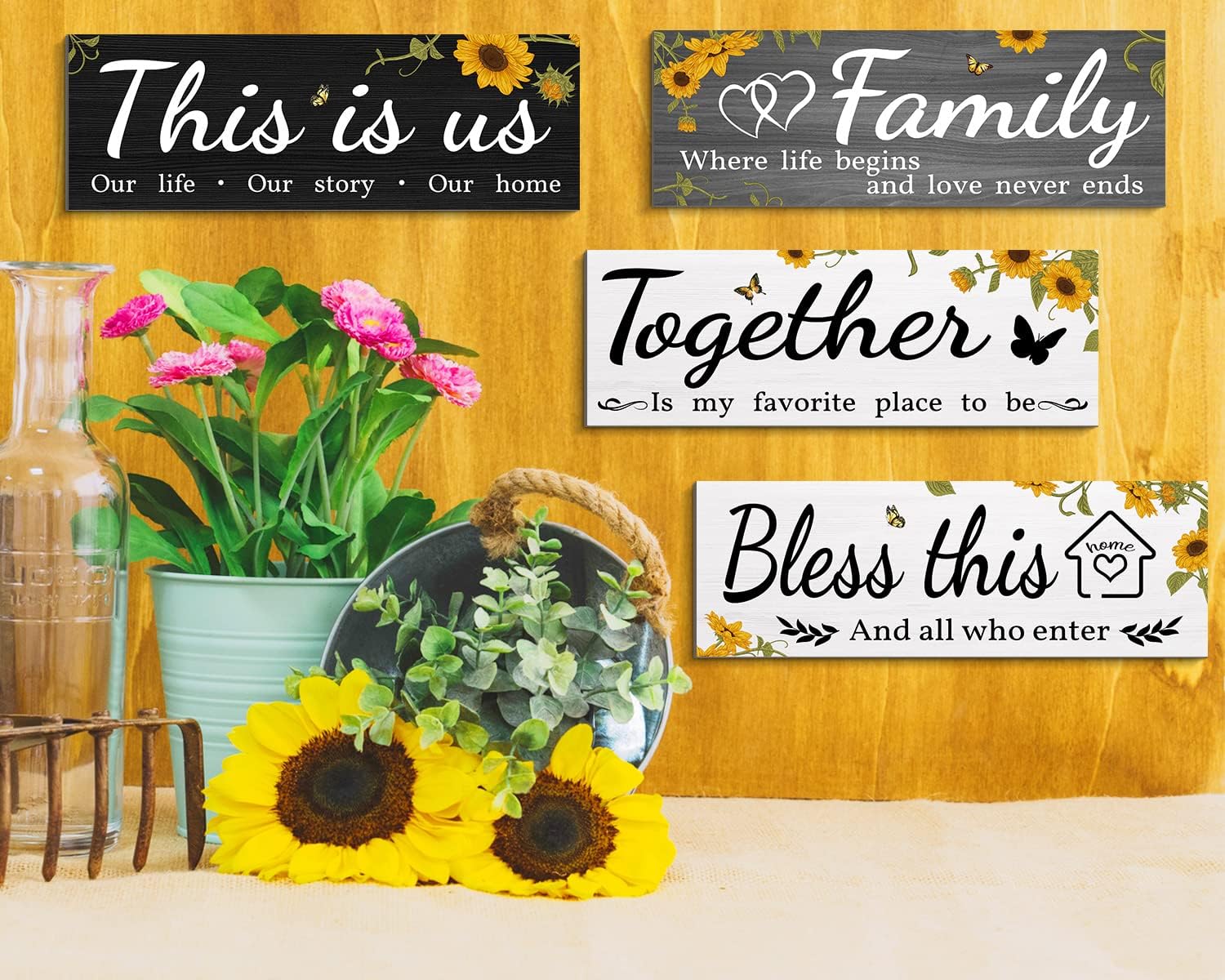 4 carteles de decoración de pared con girasol, This is UsTogetherBless This HomeFamily Hallway, decoración de pared para sala de estar, dormitorio,