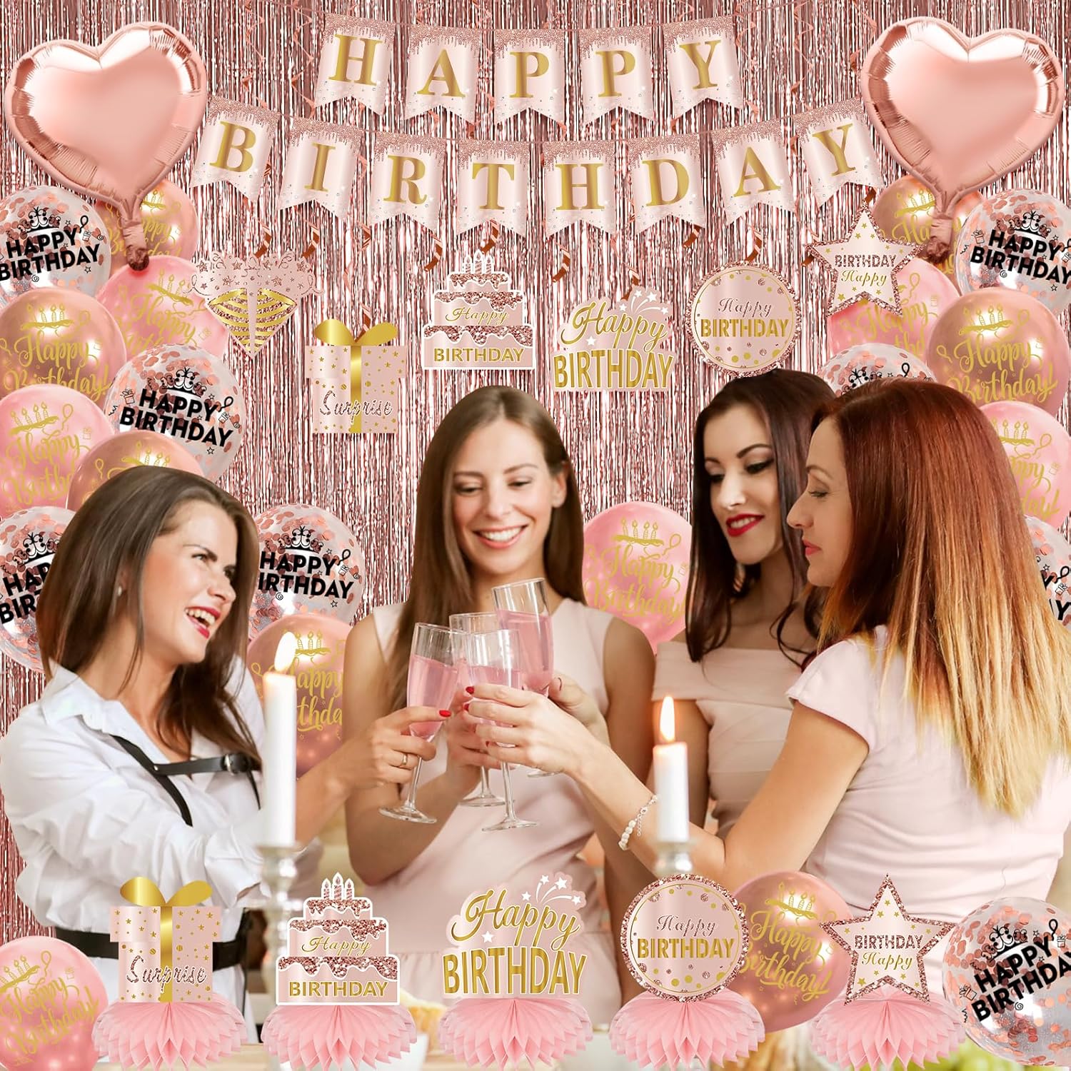 Kit de decoración de cumpleaños de 106 piezas de oro rosa para niñas y mujeres, pancarta rosa de feliz cumpleaños, globo, panal, centro de mesa,
