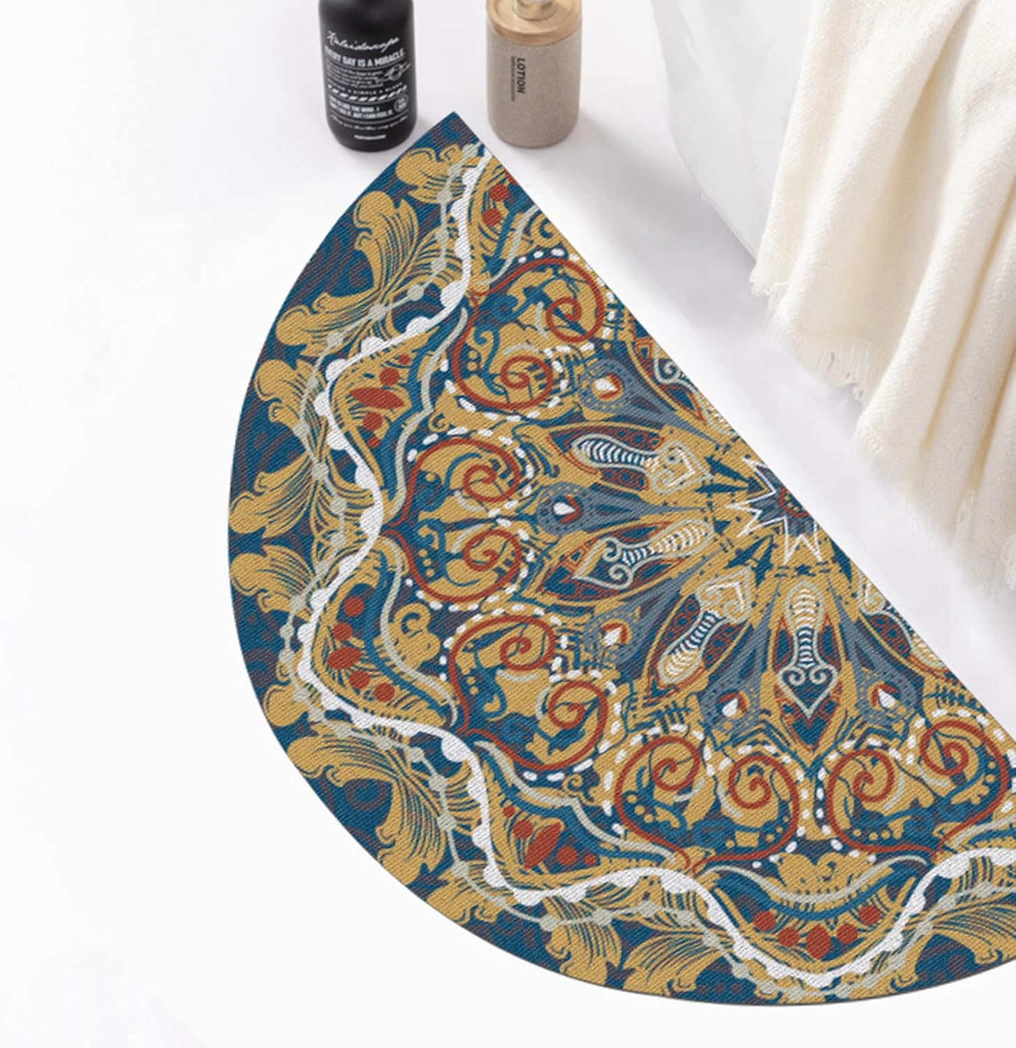 Tapete de baño delgado absorbente semicírculo, bohemio, bohemio, lavable a máquina, de secado rápido, multicolor, 24 x 36 pulgadas