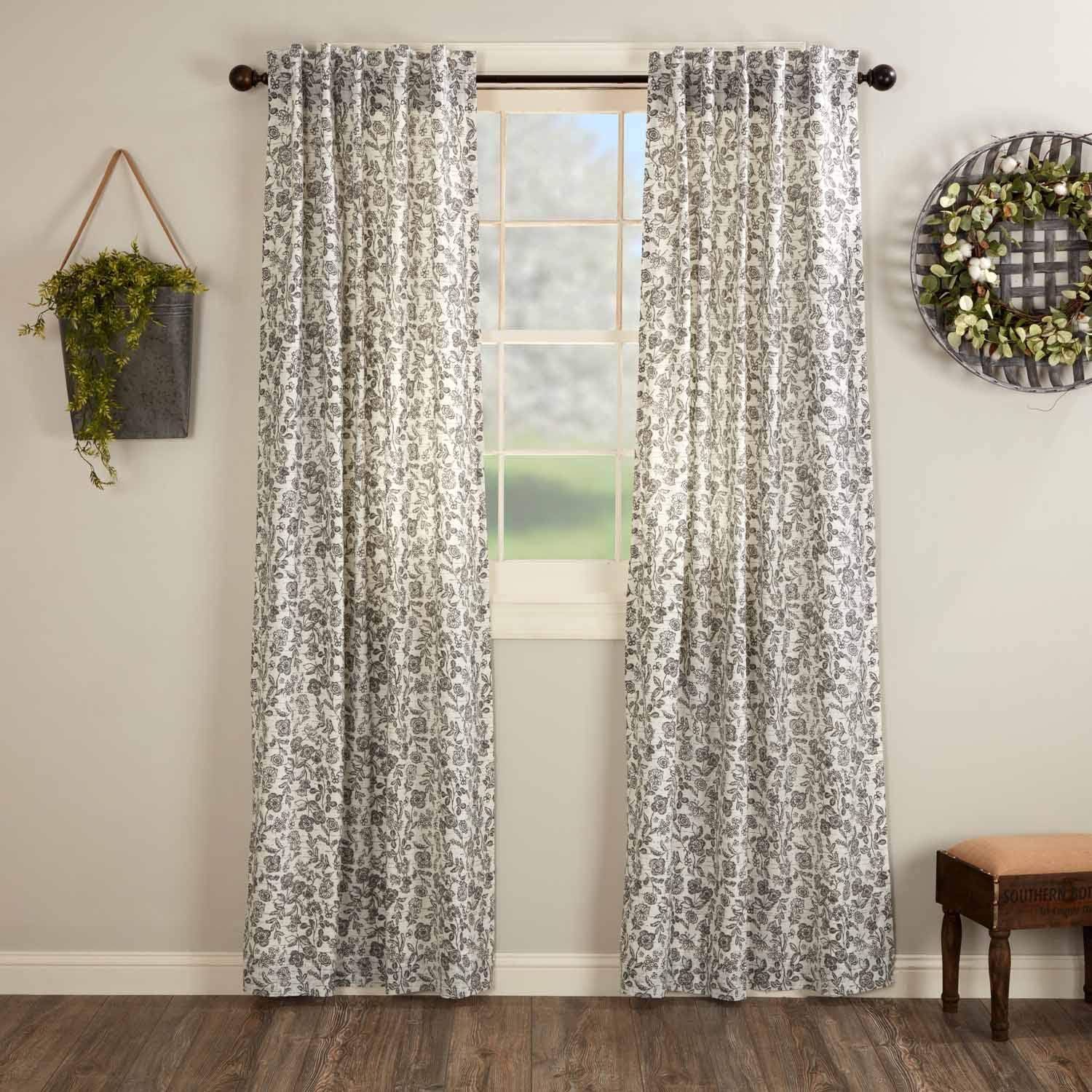 Cortinas de panel floral Gray Gables, juego de 2, 96 pulgadas de largo, estampado botánico, casa de campo vintage de granja
