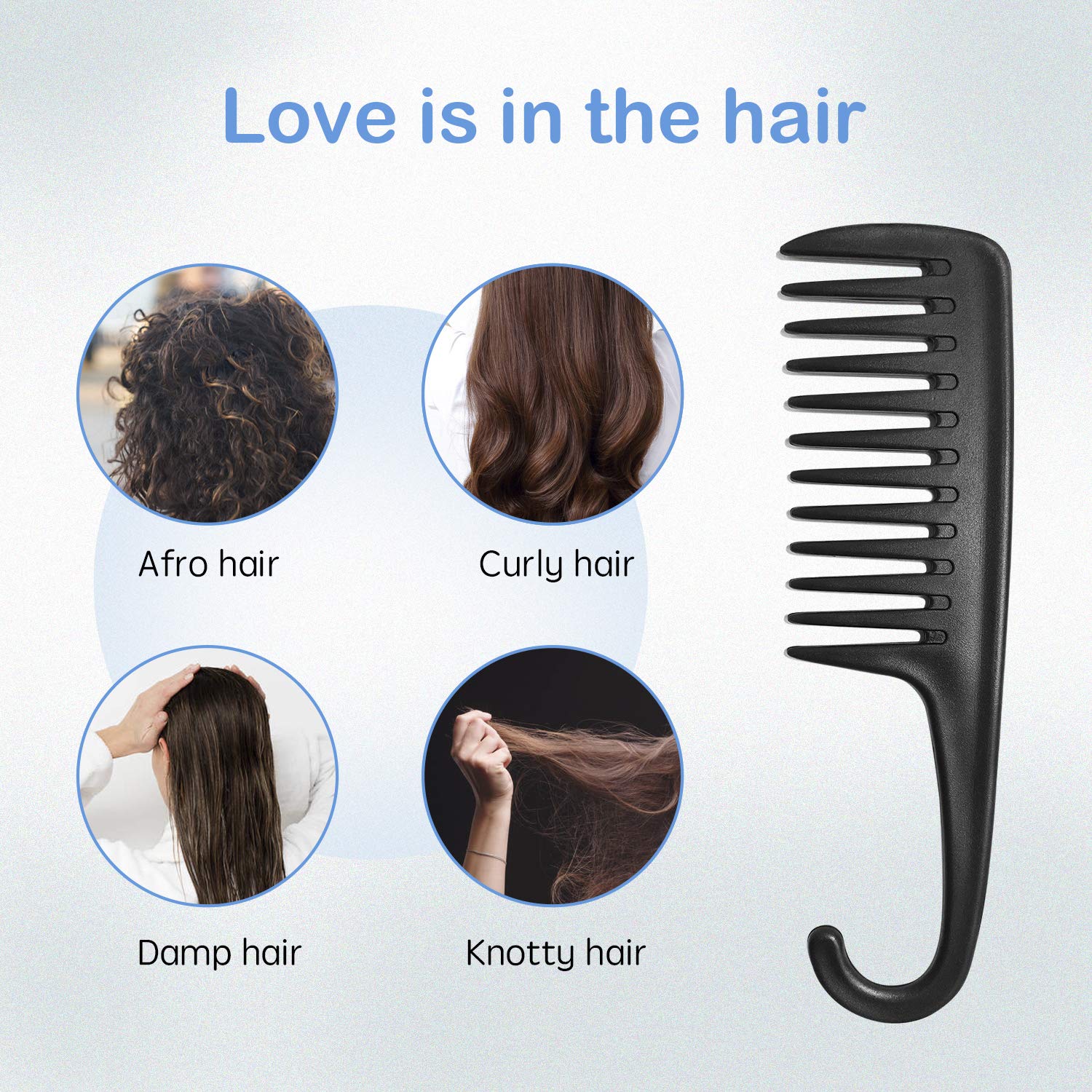 Wapodeai Peine de ducha de dientes anchos con gancho, bueno para cabello rizado húmedo y seco, peines de alta calidad sin enredos, color negro.