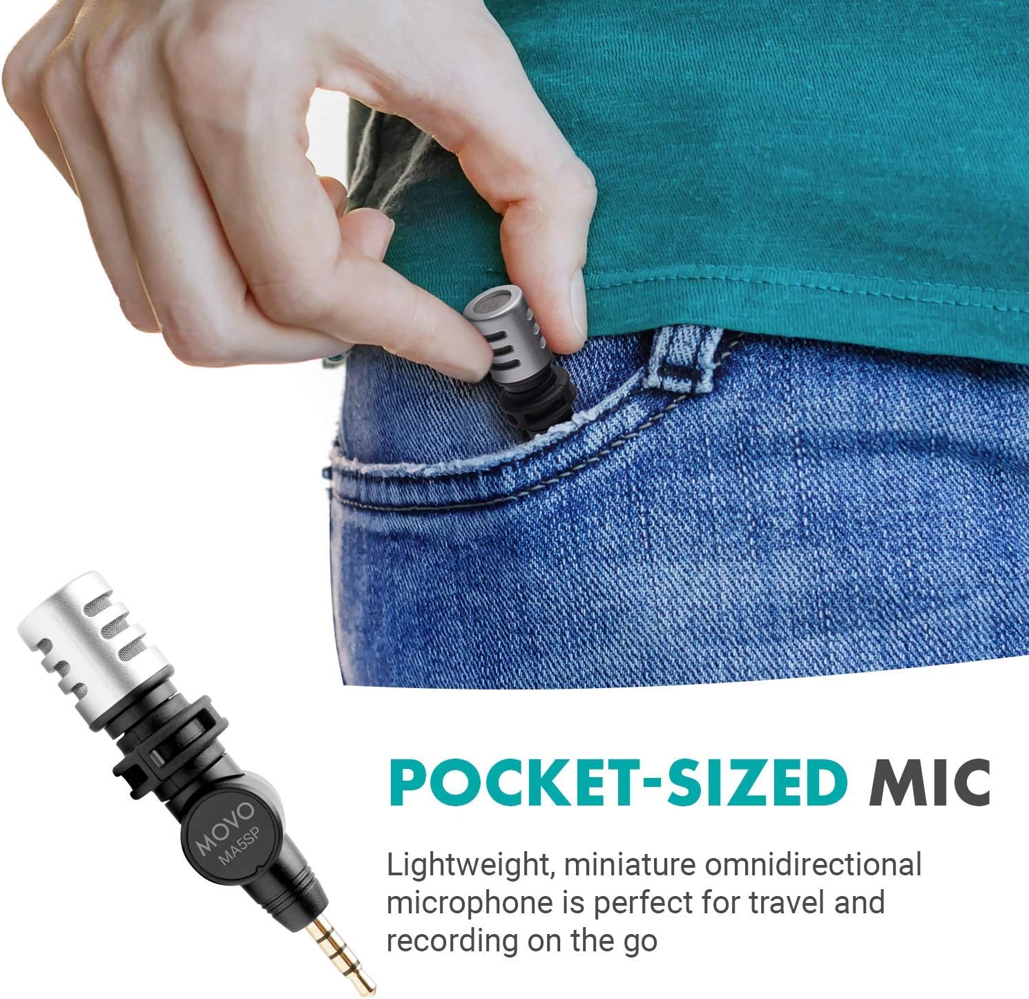 Movo MA5SP – Micrófono de escopeta TRRS de 0.138 in para dispositivos iPhone o Android, micrófono omnidireccional para teléfono con rotación de 180,